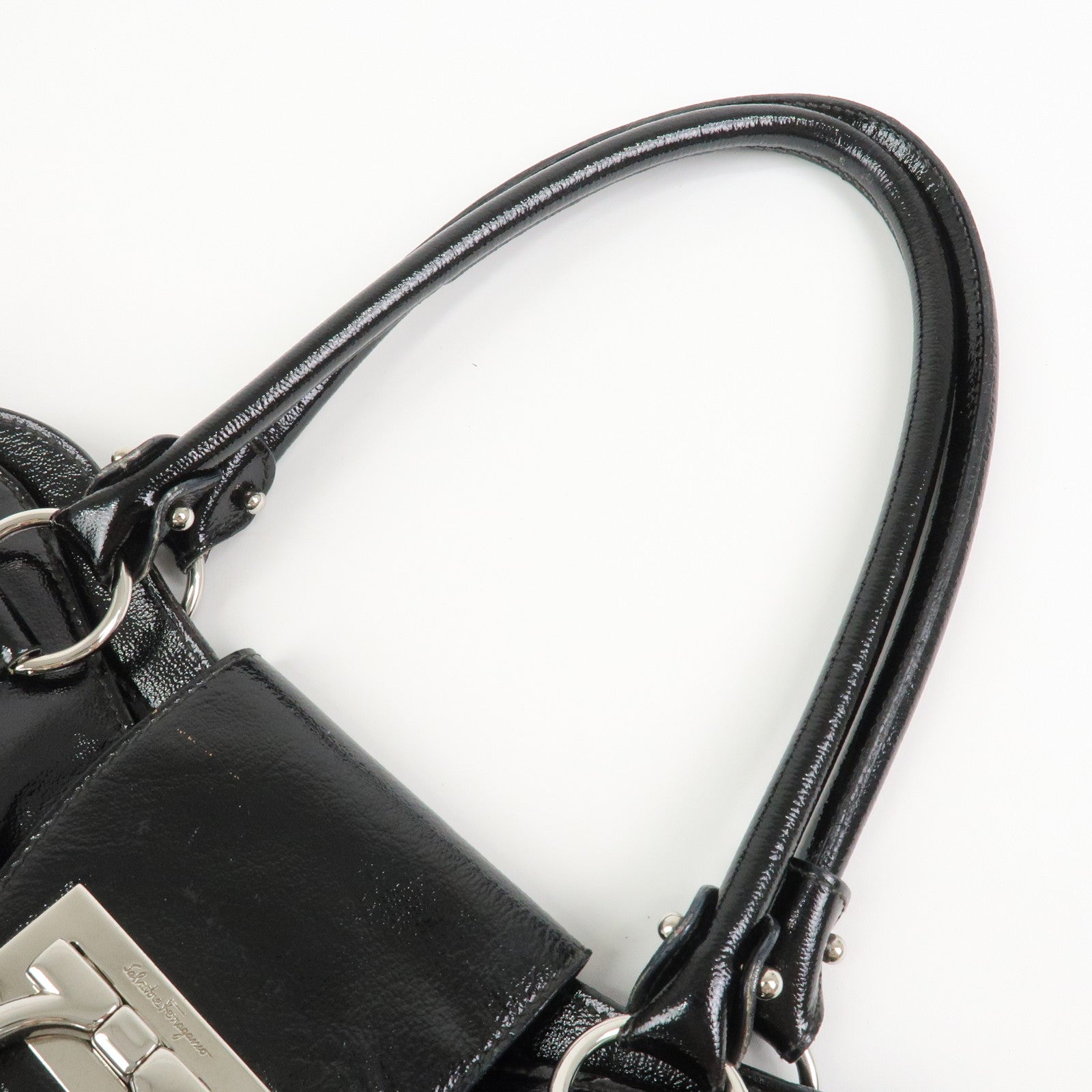 Ferragamo Gancini Patent Leather Hand Bag Shoulder Bag Black