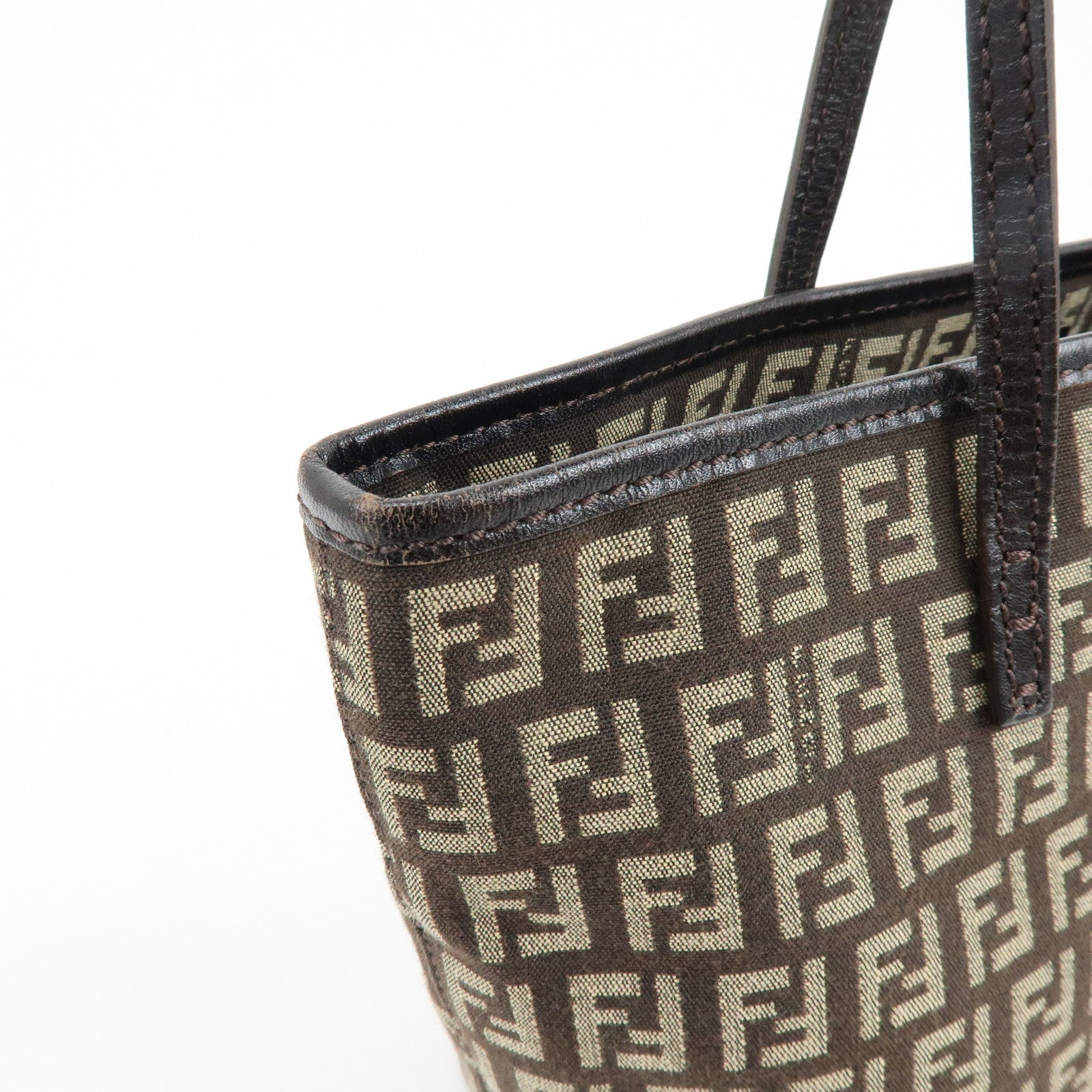 FENDI Zucchino Canvas Leather Tote Bag Shoulder Bag Brown 8BH075