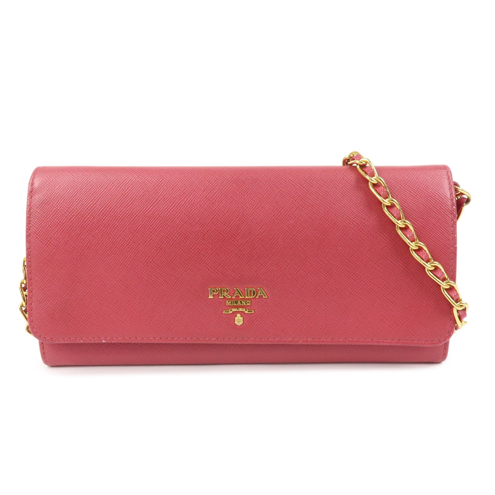 PRADA Logo Saffiano Leather WOC Chain Long Wallet Pink 1M1290