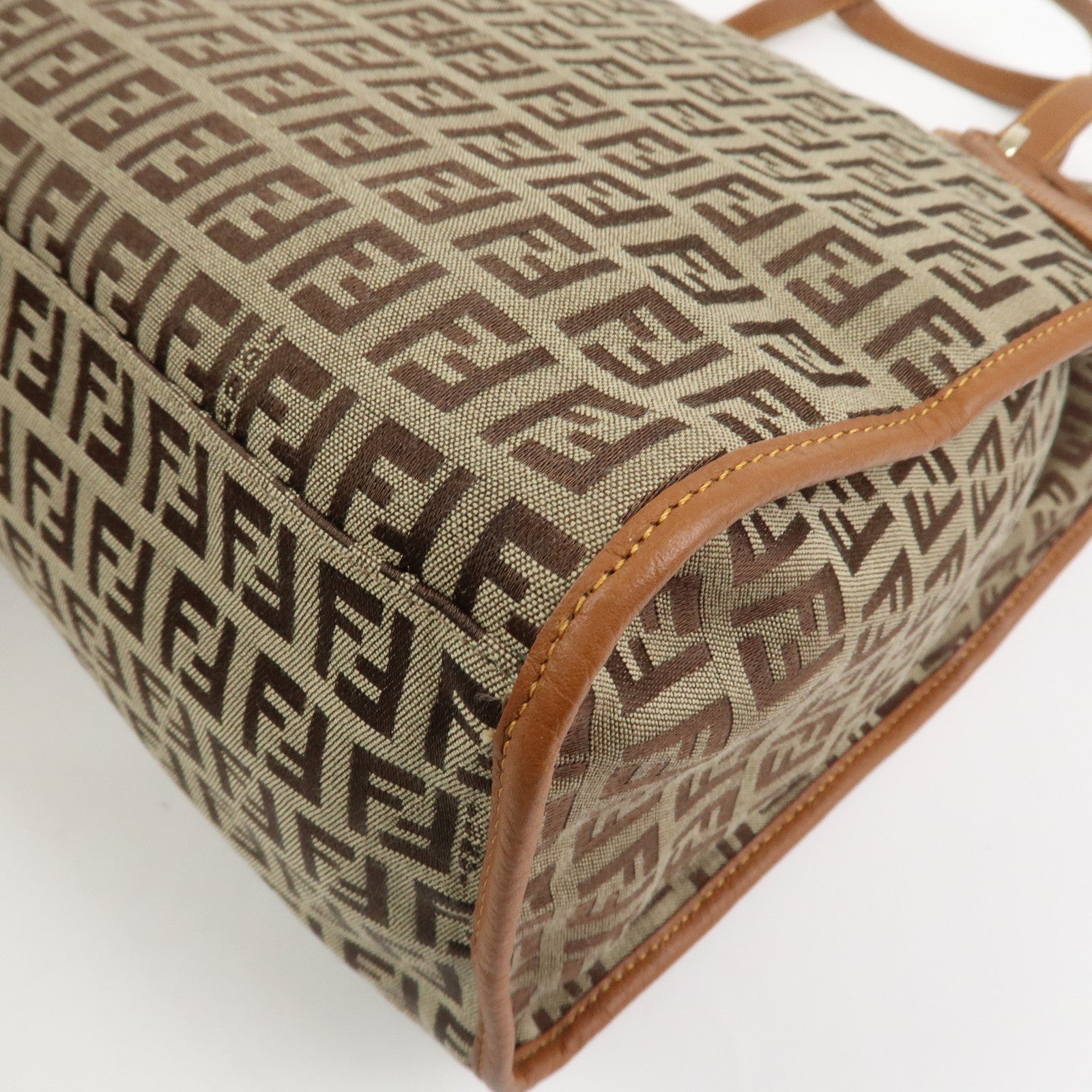 FENDI Zuccino Canvas Leather Tote Bag Hand Bag Brown 8BH153