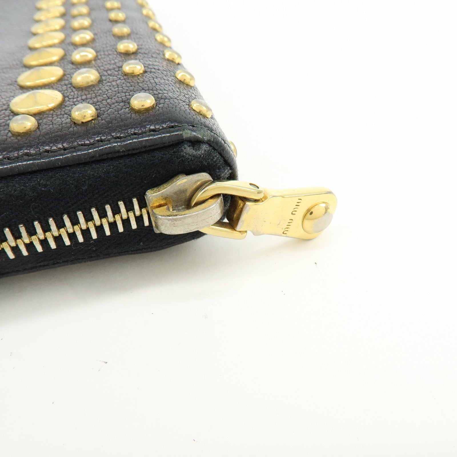MIU MIU Logo Leather Studs Zippy Long Wallet Black 5M0506