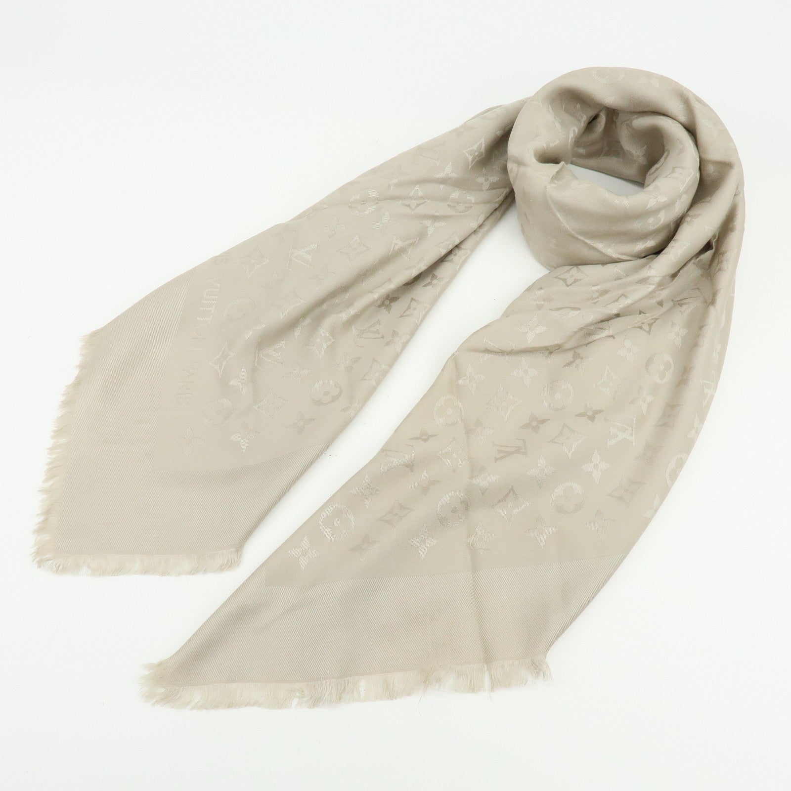 Louis Vuitton Monogram Classic Shawl Silk Wool Scarf Greige M96983