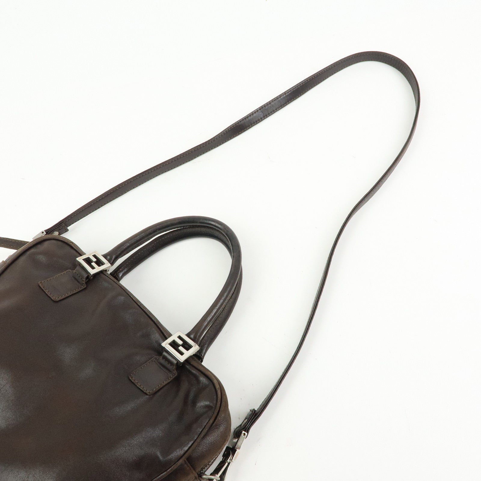 FENDI Leather 2Way Bag Hand Bag Shoulder Bag Brown