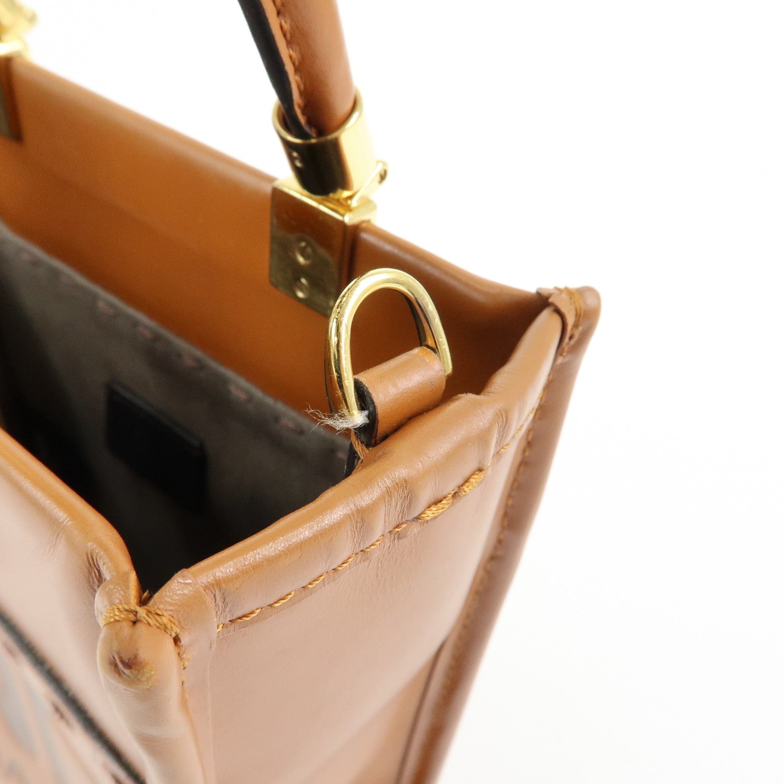 FENDI Leather Sunshine Shopper Small 2Way Hand Bag Brown 8BS092