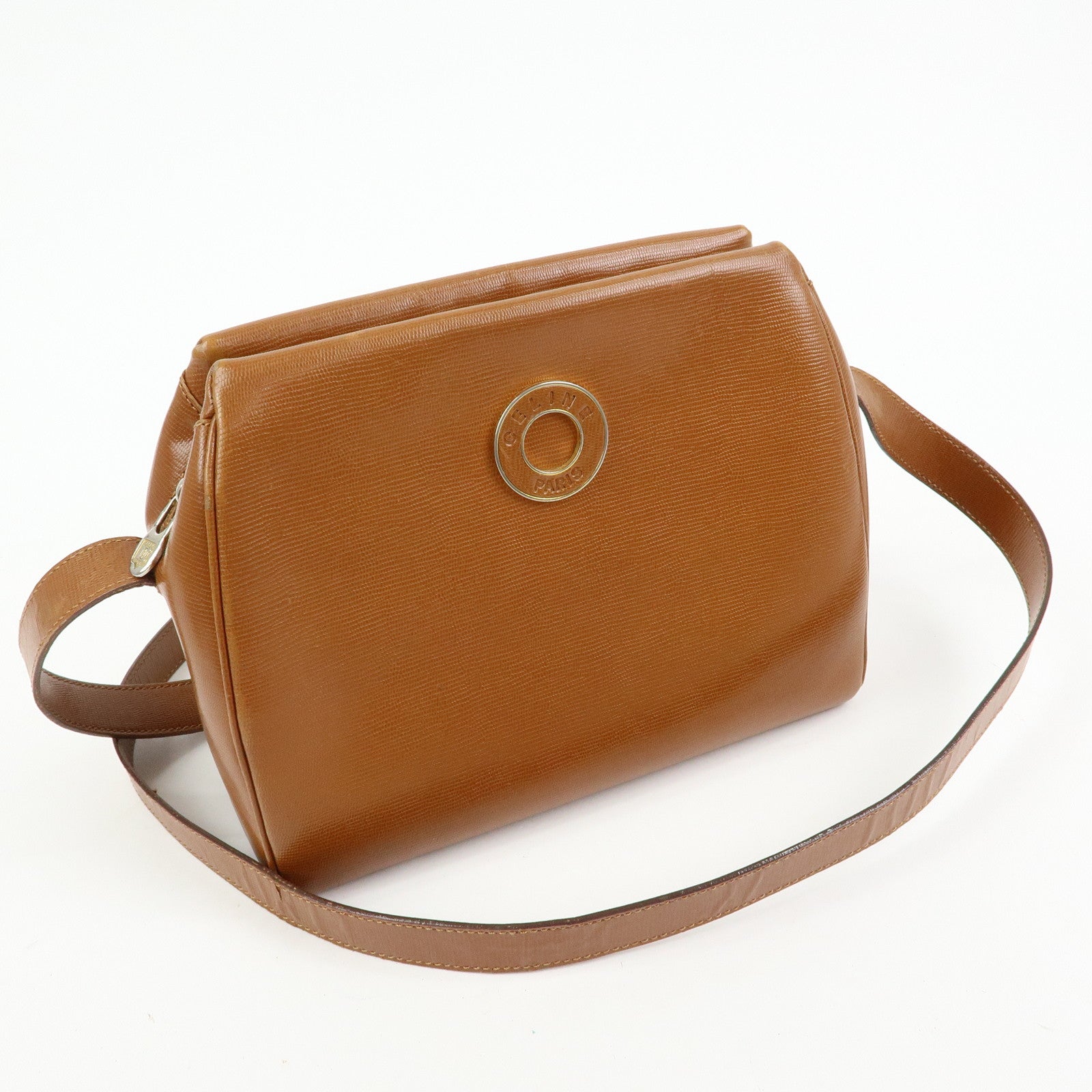 CELINE Ring Logo Leather Shoulder Bag Crossbody Bag Camel
