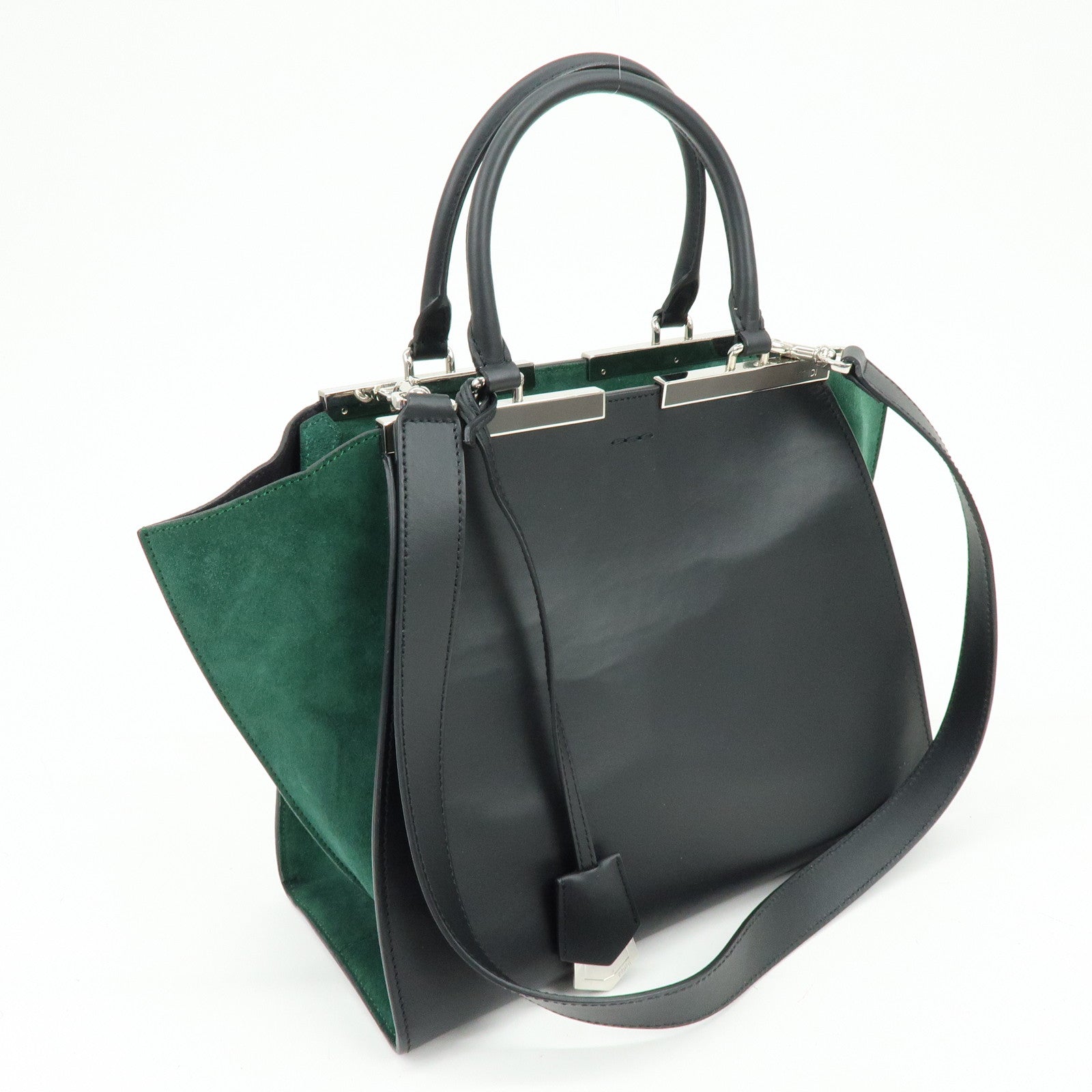 FENDI Trois Jours Leather Suede 2Way Hand Bag Black Green 8BH279