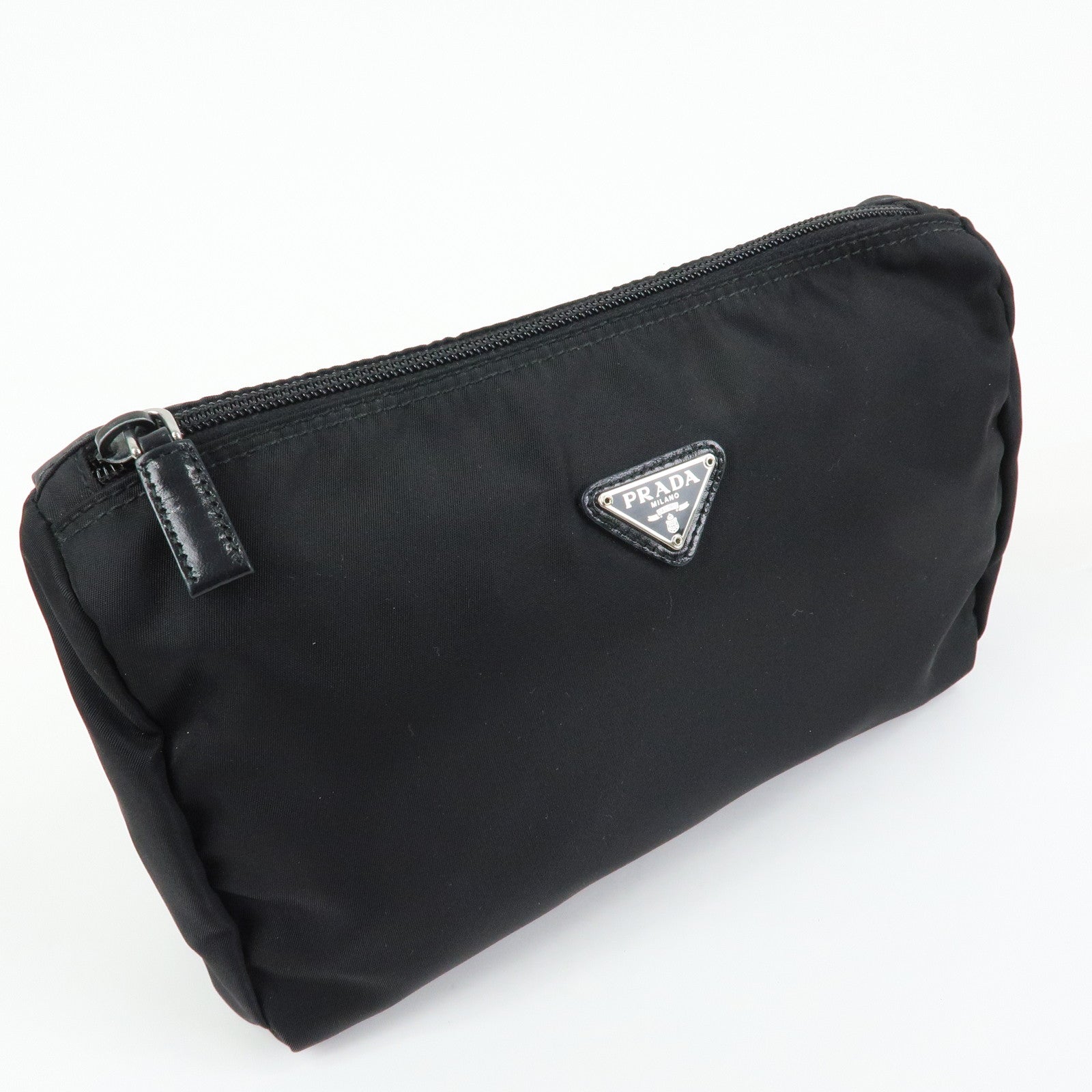 PRADA Triangle Logo Nylon Cosmetic Pouch Makeup Bag Black