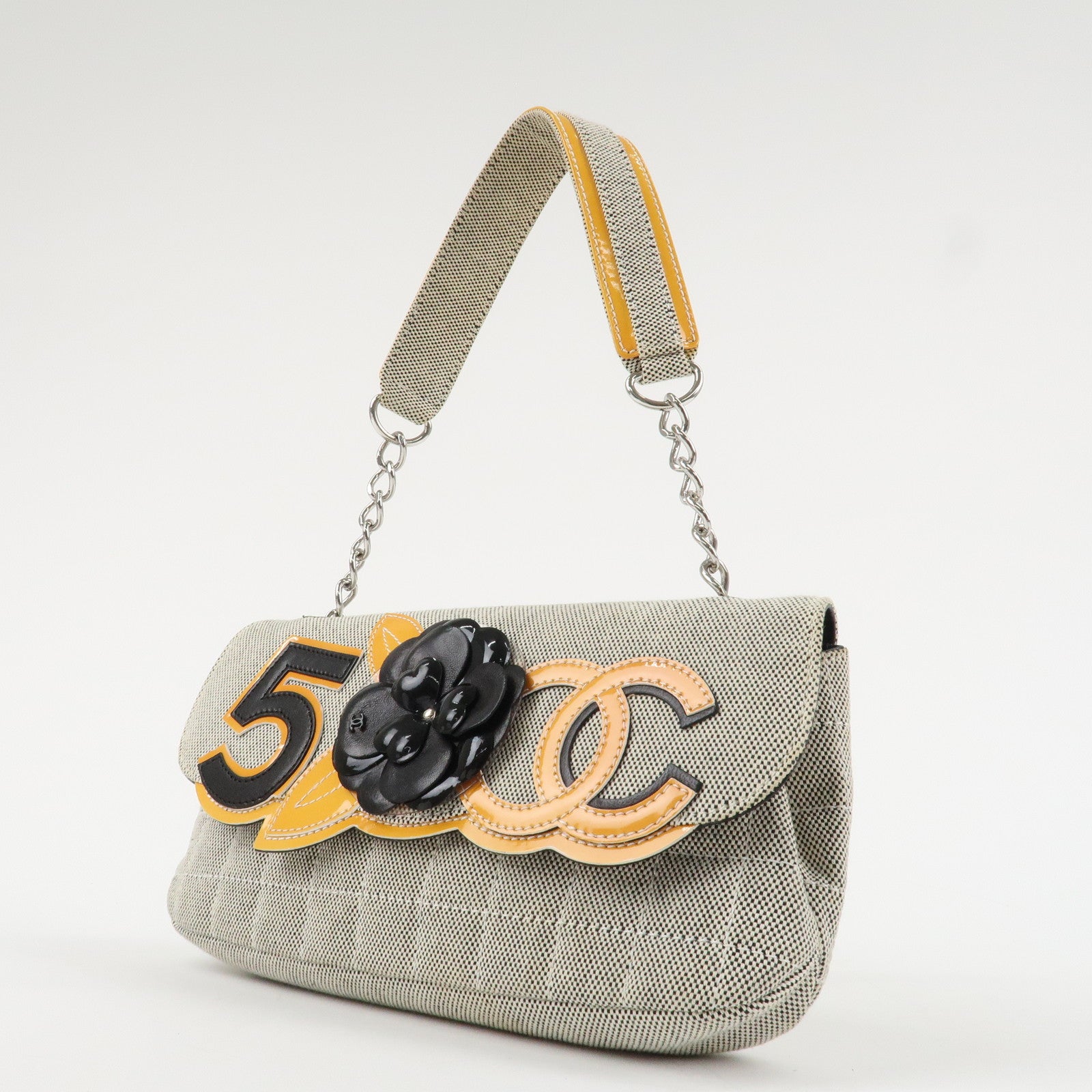 CHANEL COCO Mark Canvas Patent Leather Chain Shoulder Bag Grey Orange Used