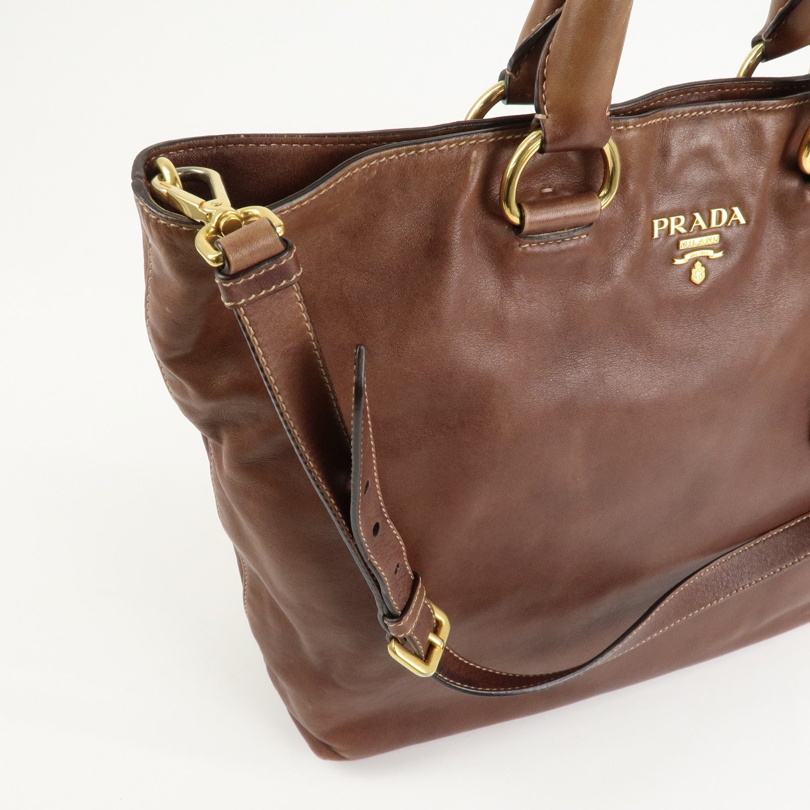 PRADA Logo Leather 2way Shoulder Bag Tote Bag Gold HDW Brown Used