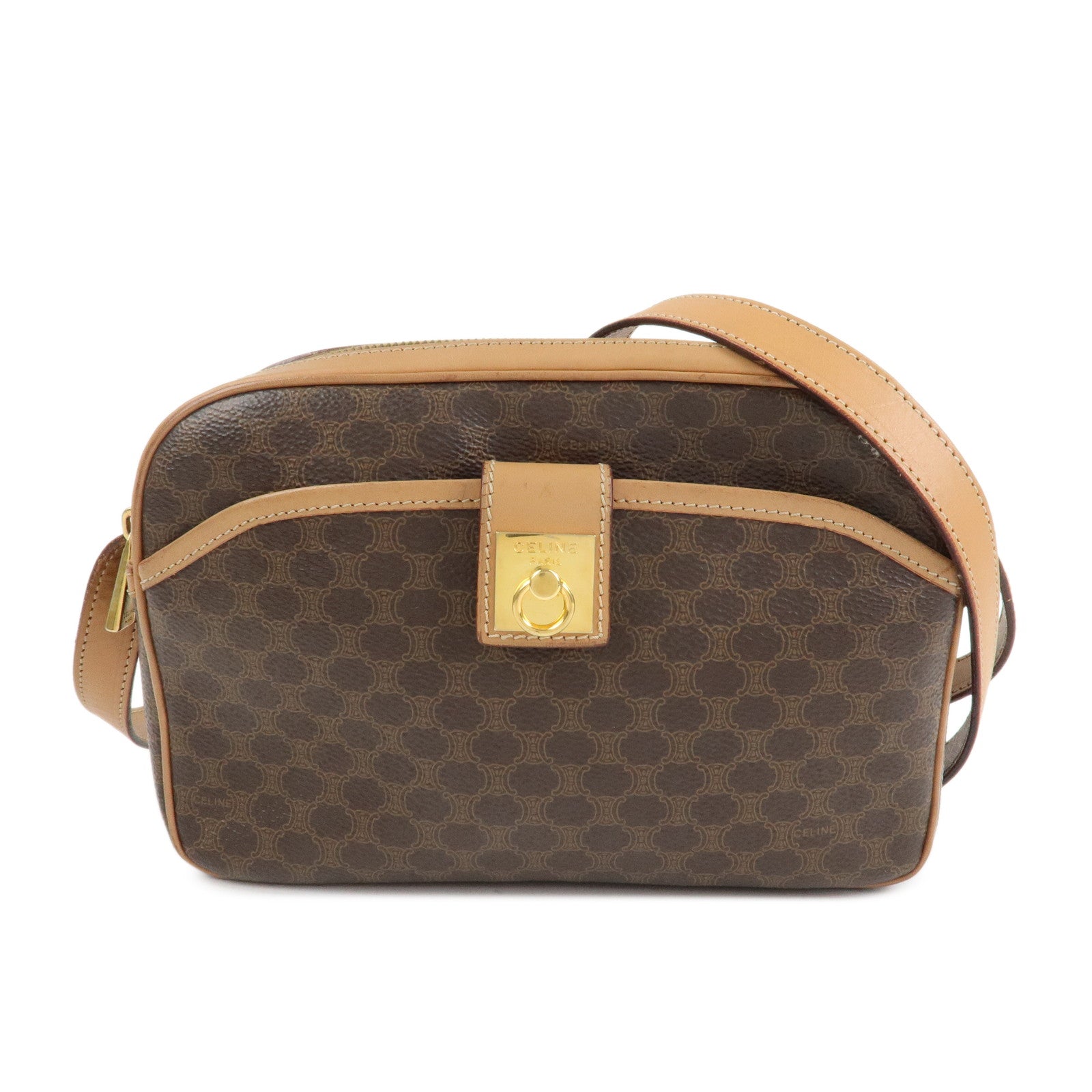 CELINE Macadam Leather Shoulder Bag Beige Brown Gold Hardware