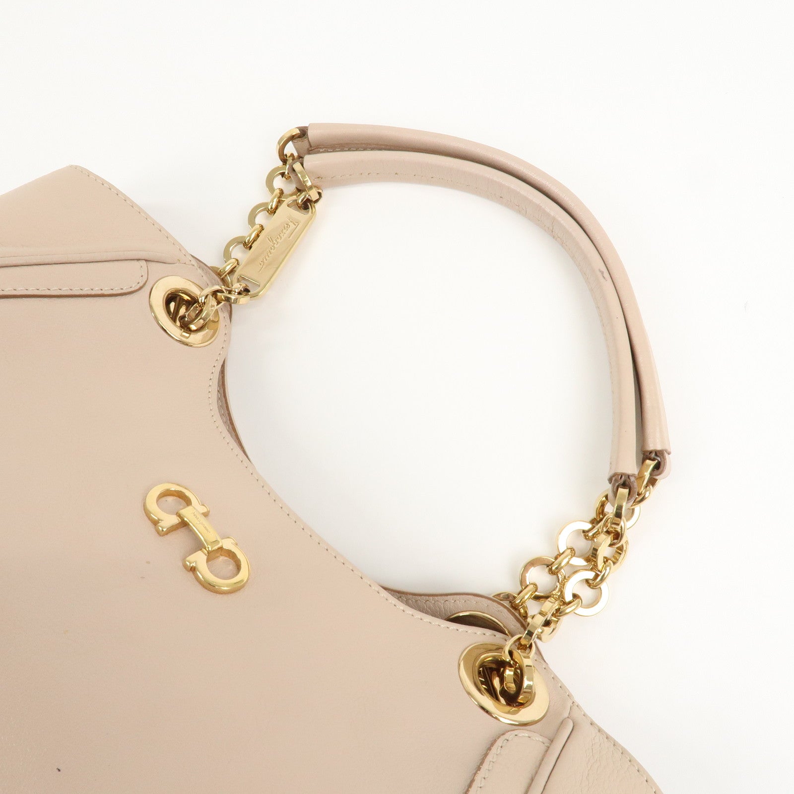 Ferragamo Leather Shoulder Bag Hand Bag Pink Beige Gold
