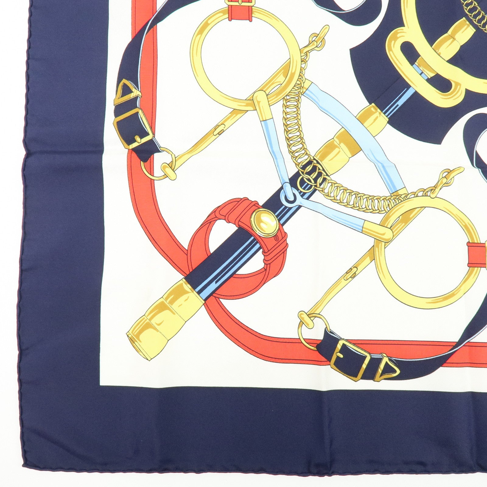 HERMES Carre 90 Silk 100% Scarf  Eperon d'or Navy White Yellow Red