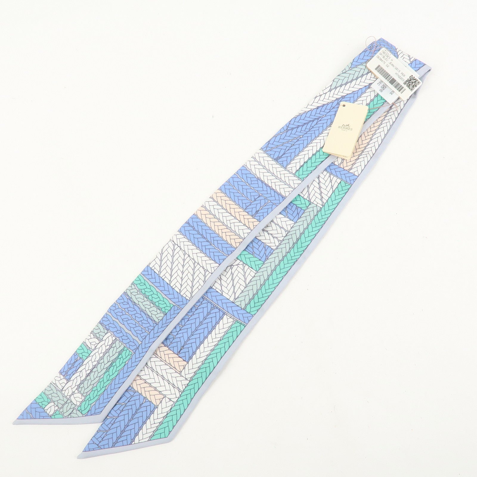 HERMES Twilly Silk 100% Scarf TRESSES H Blue White
