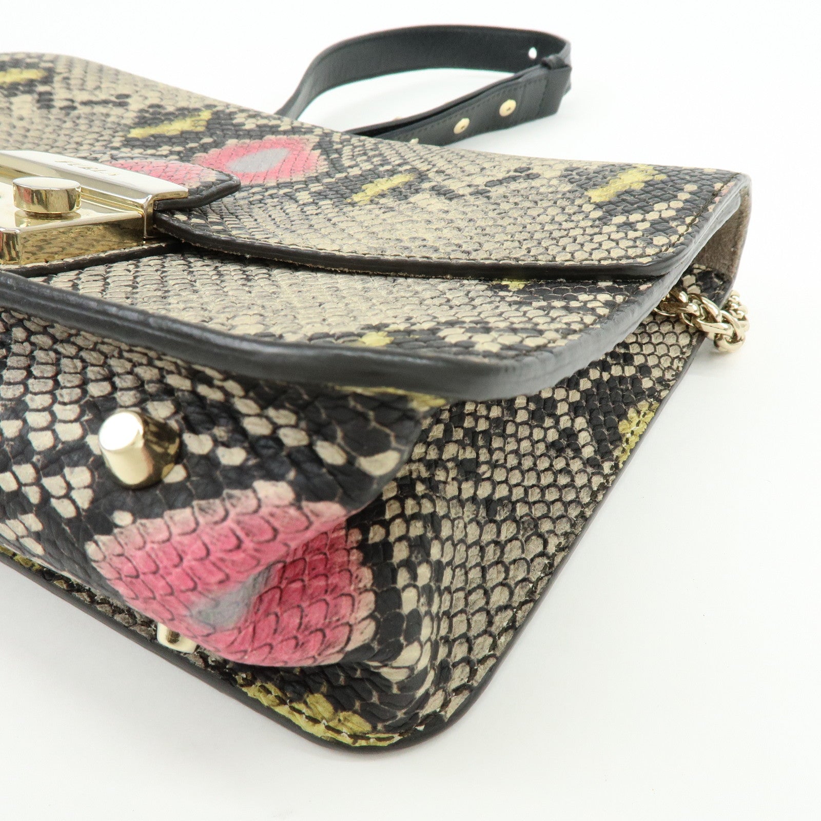 FURLA Metropolis Embossed Leather Chain Shoulder Bag Beige Pink