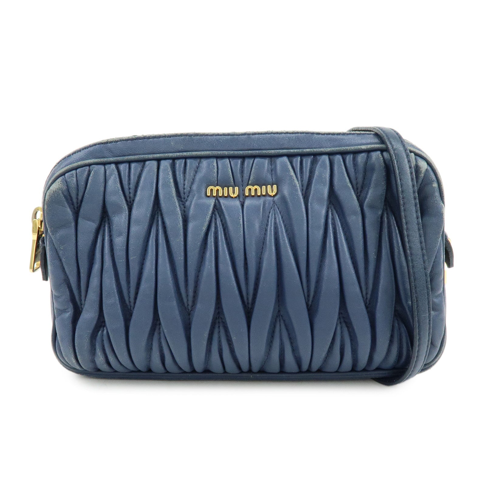 MIU MIU Matelasse Leather Gathered Shoulder Bag Crossbody Bag Navy