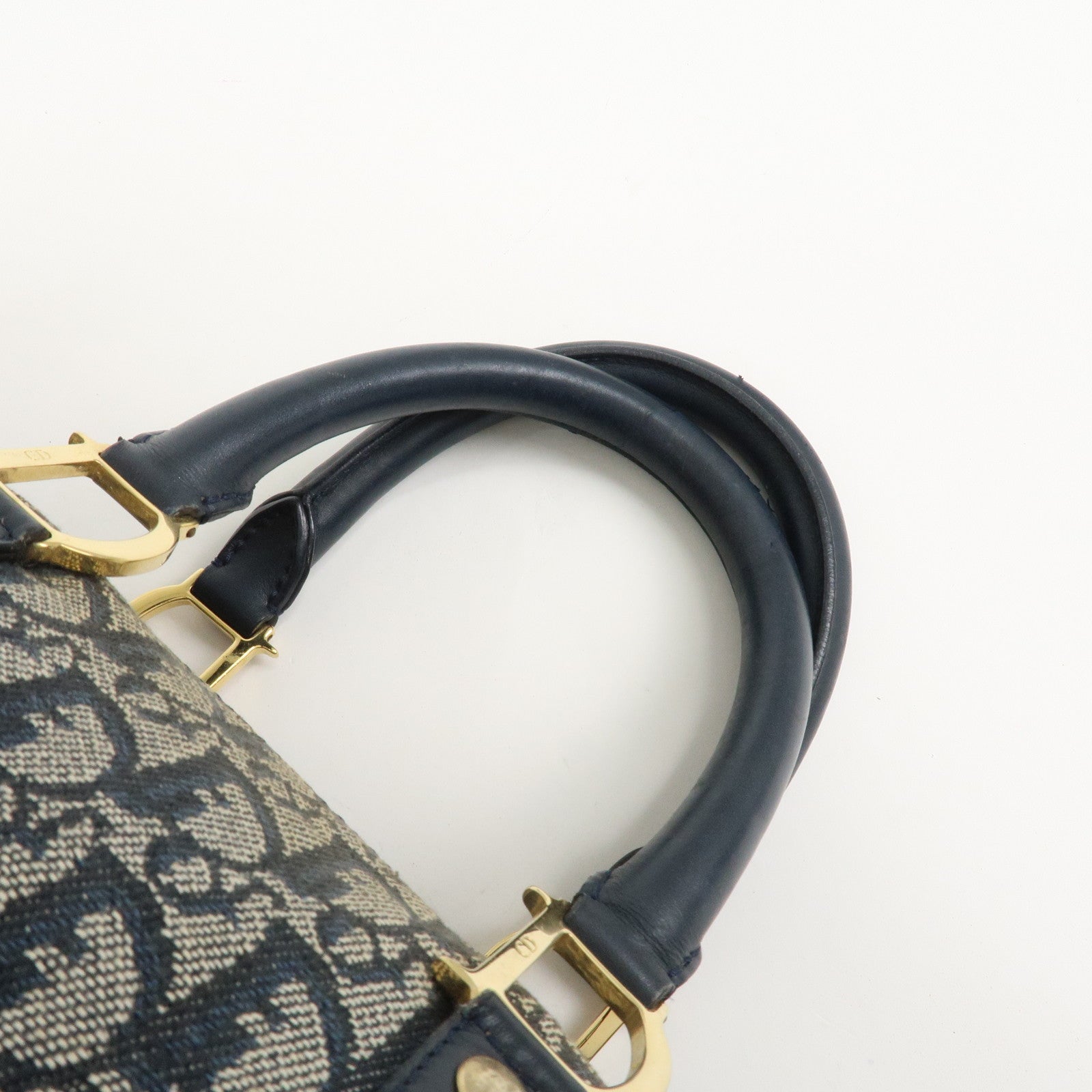 Christian Dior Trotter Jacquard Canvas Leather Boston Hand Bag Navy