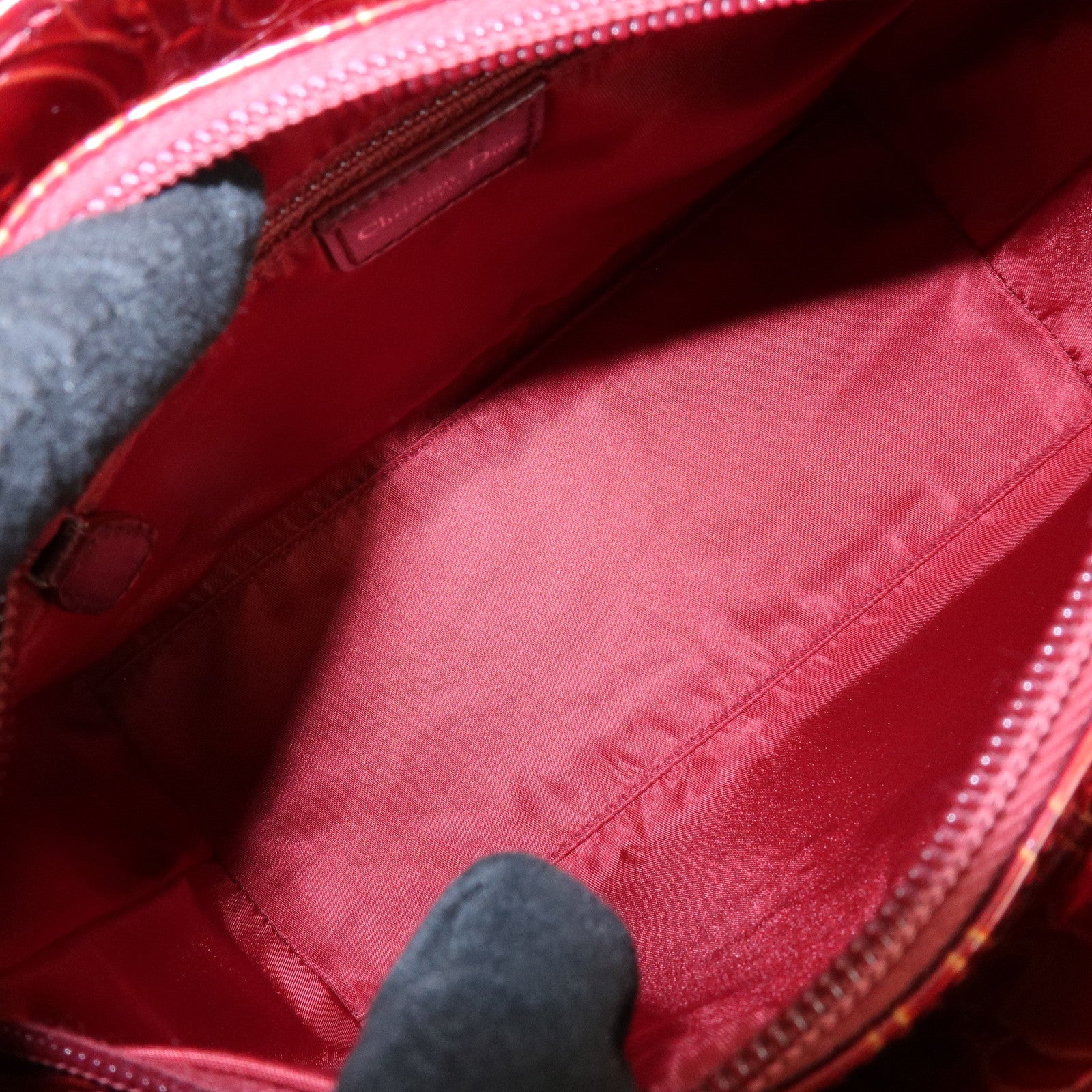 Christian Dior Lady Dior Patent Leather Hand Bag Dior Logo Red