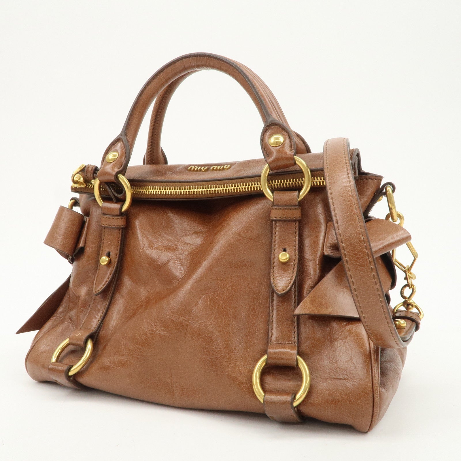 MIU MIU Logo Leather 2Way Bag Hand Bag Shoulder Bag Brown RT0438