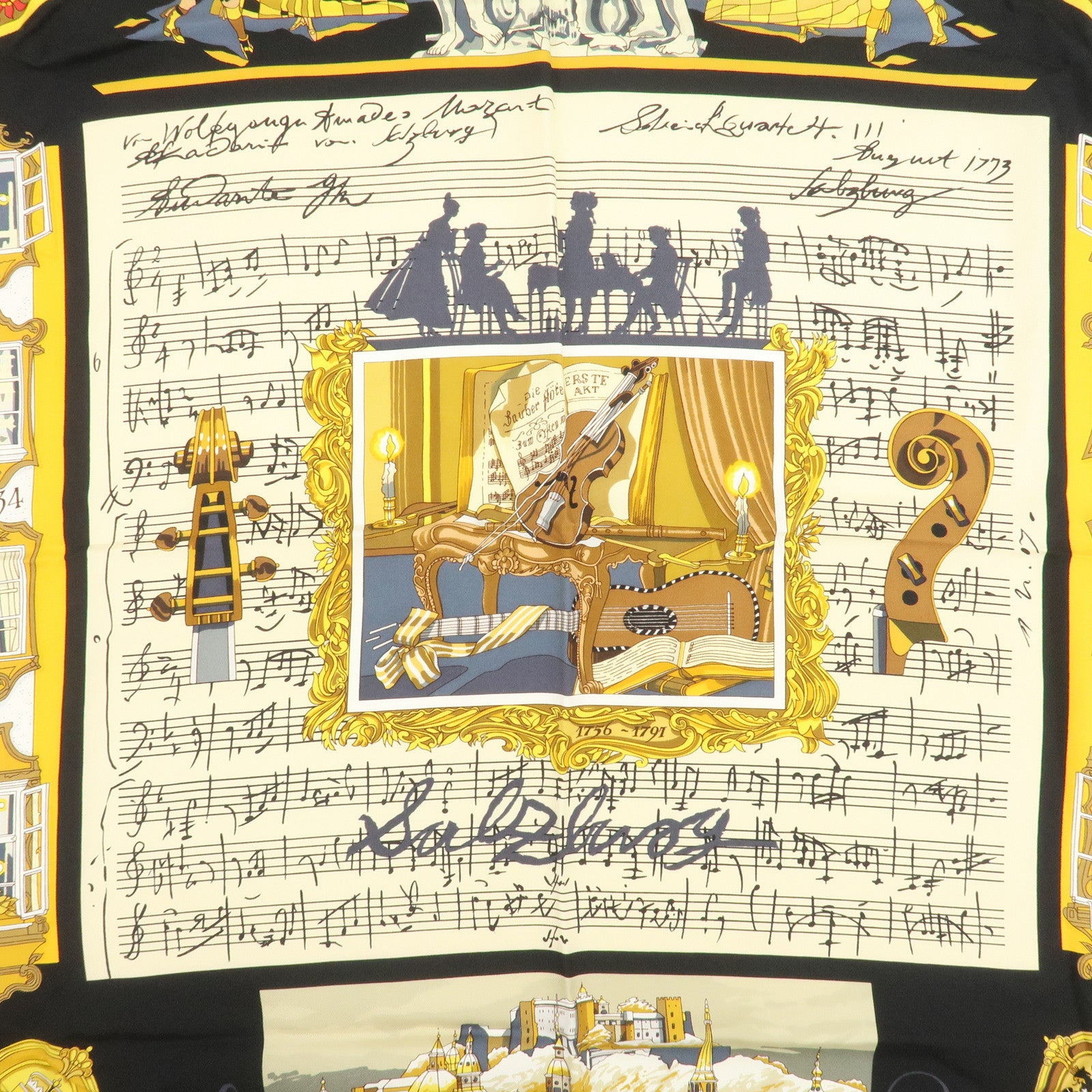 HERMES Carre 90 Silk 100% IN SALZBURG Scarf Black Gold