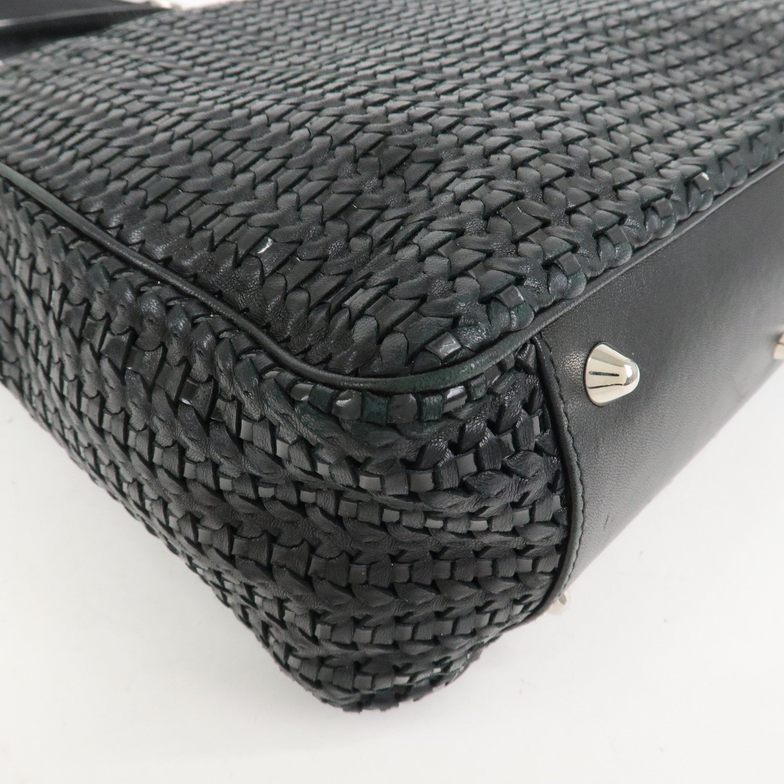 Christian Dior Woven Leather Logo Charm Chain Tote Bag Black