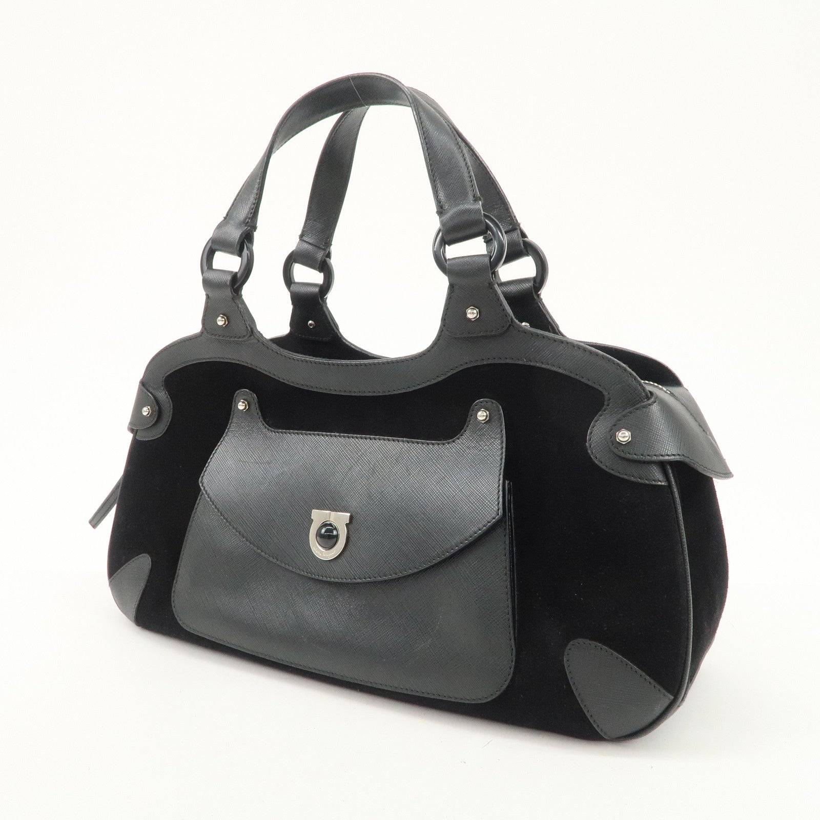 Ferragamo Gancini Leather Suede Hand Bag Black Used