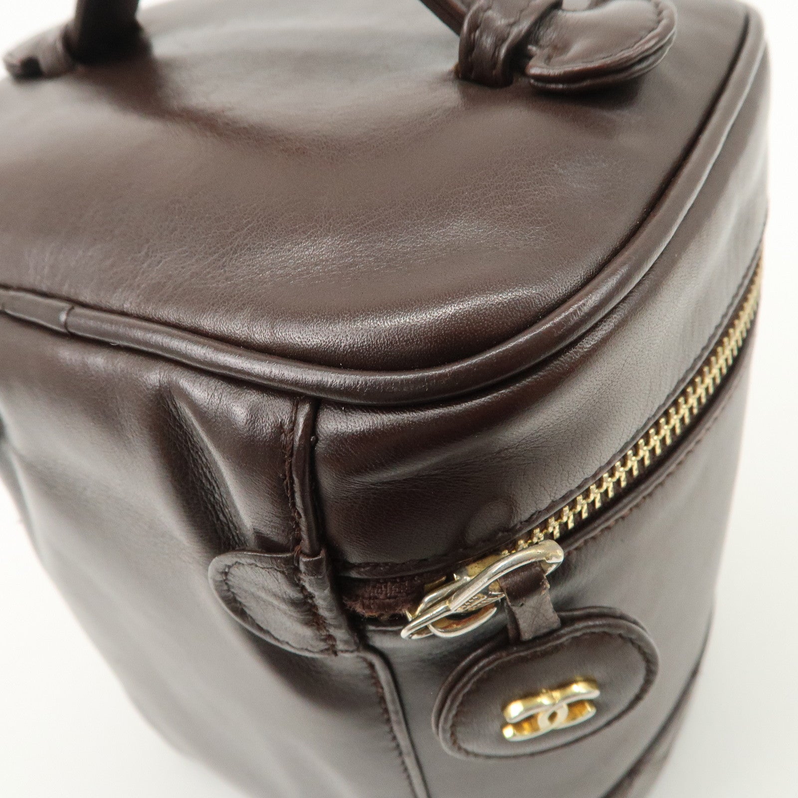 CHANEL COCO Mark Leather Vanity Bag Hand Bag Cosmetic Bag Brown A01998