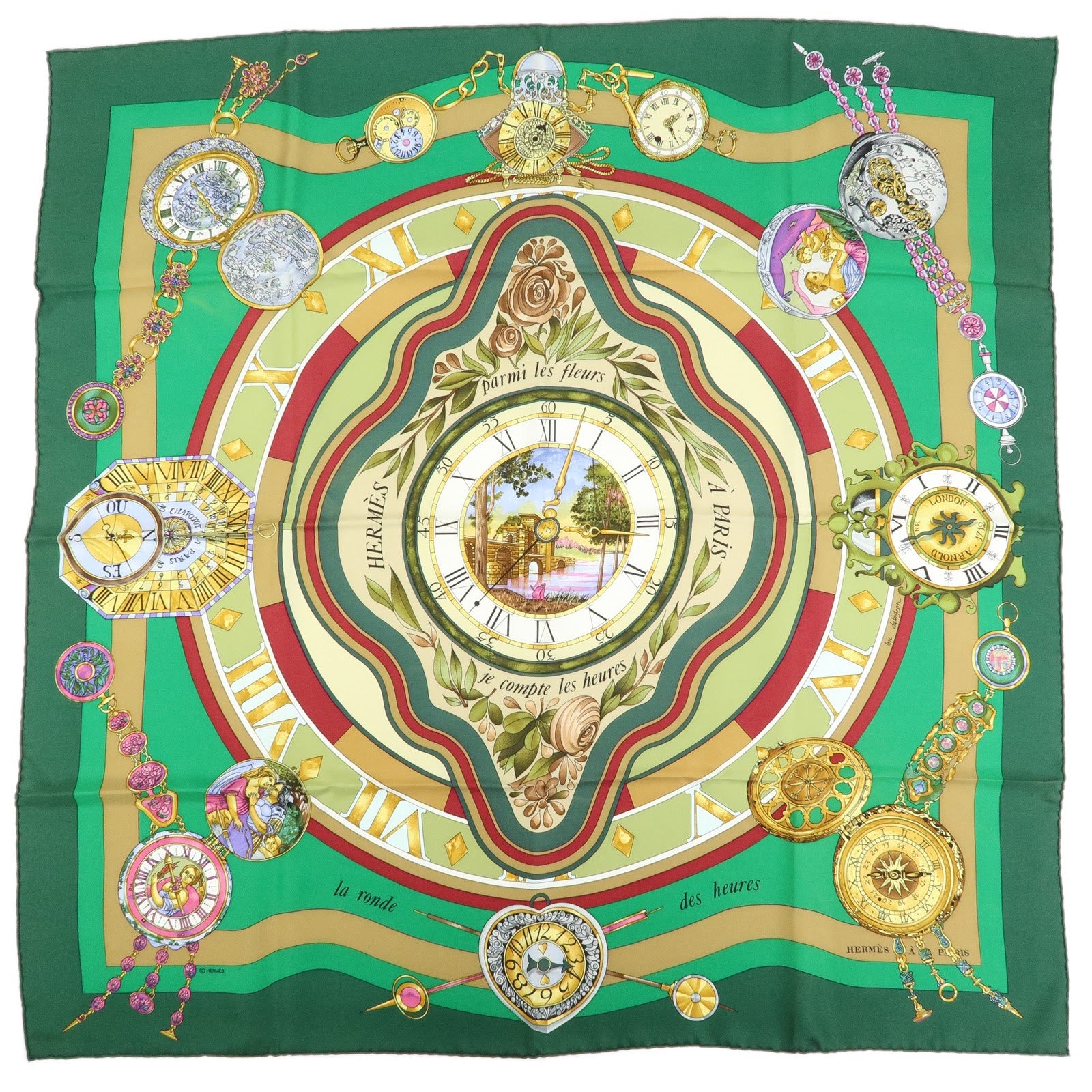 HERMES Carre90 Silk100% Scarf Parmi les fleurs je compte les heures