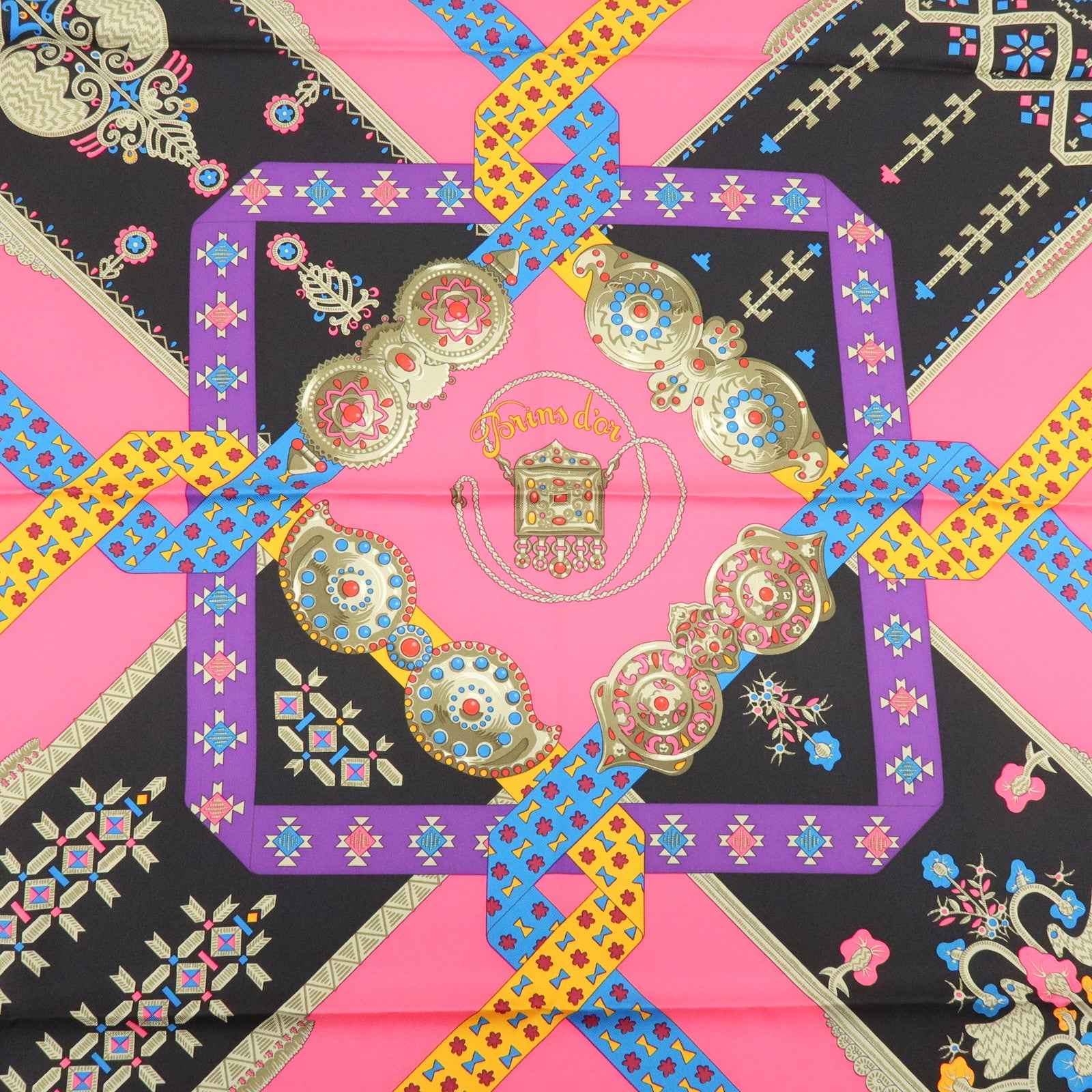 HERMES Carre 90 Silk 100% Scarf Brins d'or Pink Black Multi Color