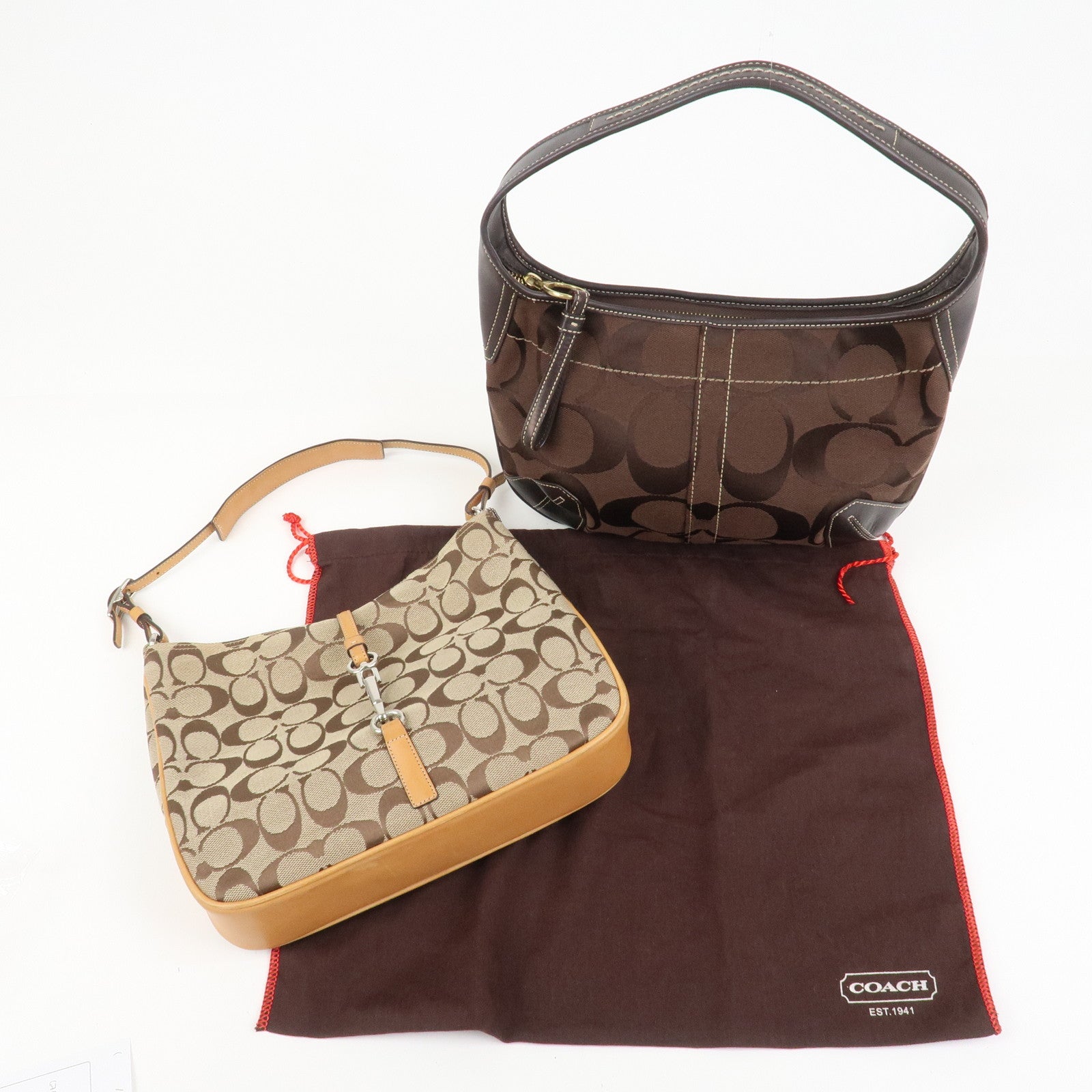 COACH Set Of 2 Canvas Leather Shoulder Bag Hand Bag Brown Beige