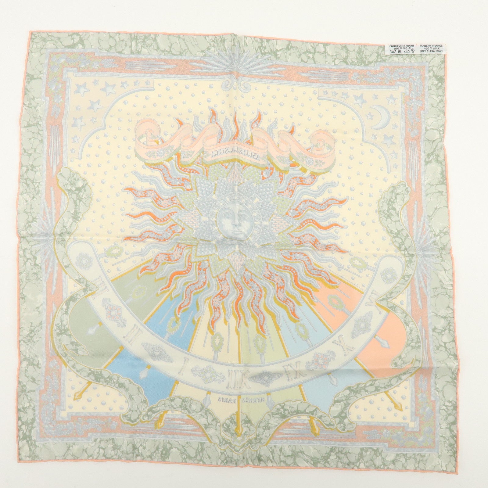 HERMES Carre 40 Silk 100% GLORIA SOLI Scarf Ivory Green Multicolor