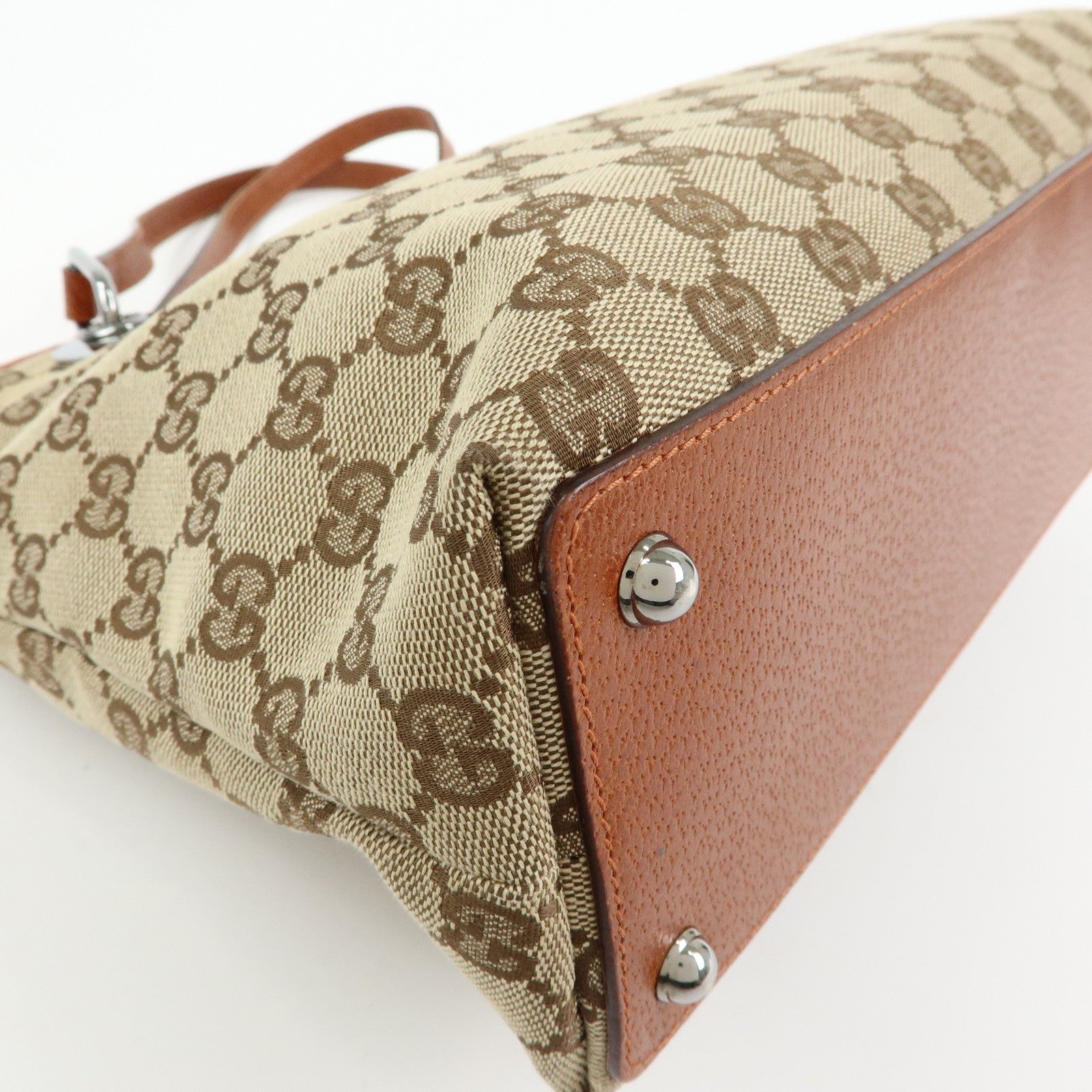 GUCCI GG Canvas Leather Tote Bag Shoulder Bag Beige Camel 120837