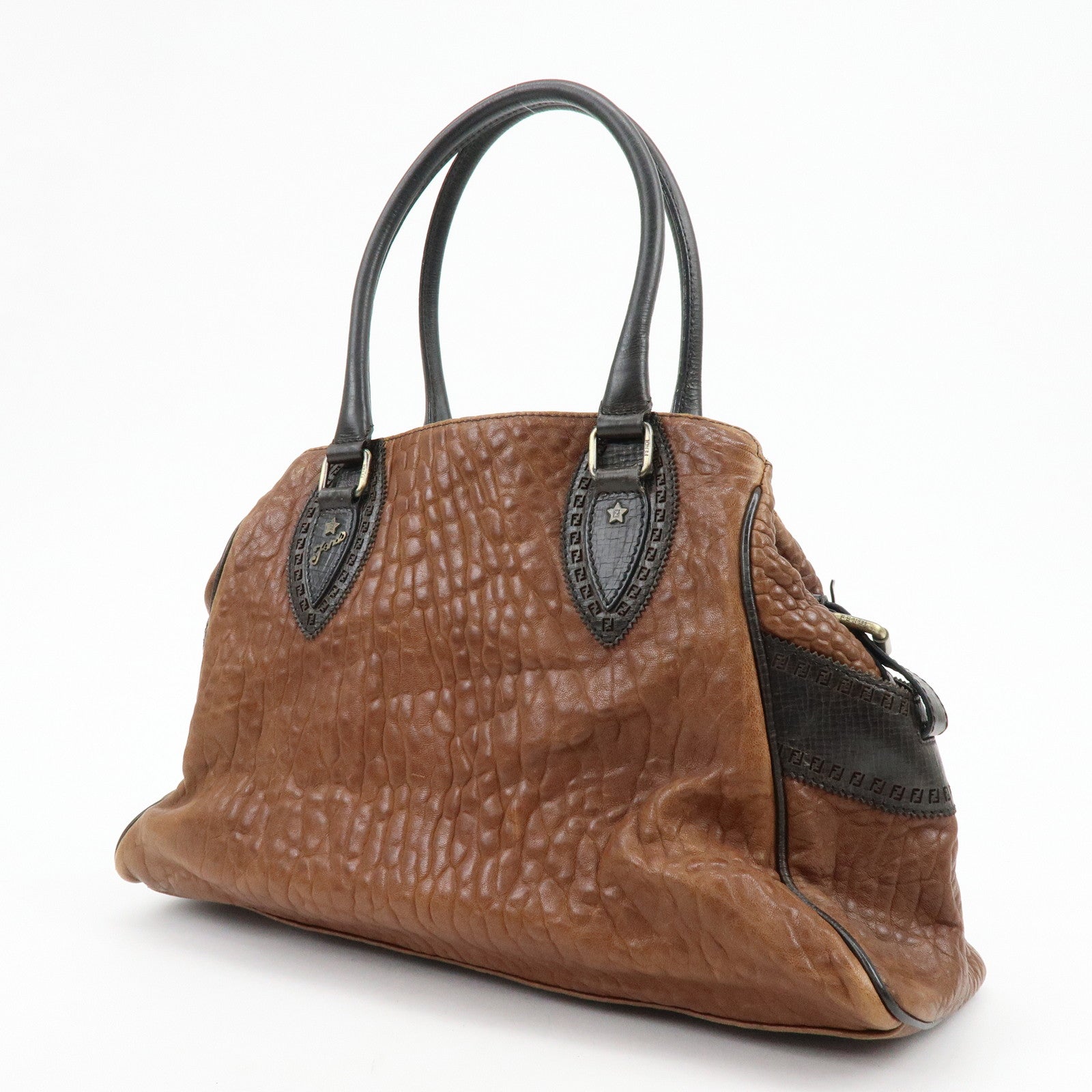 FENDI Ethnico Leather Tote Bag Shoulder Bag Hand Bag Brown 8BN162