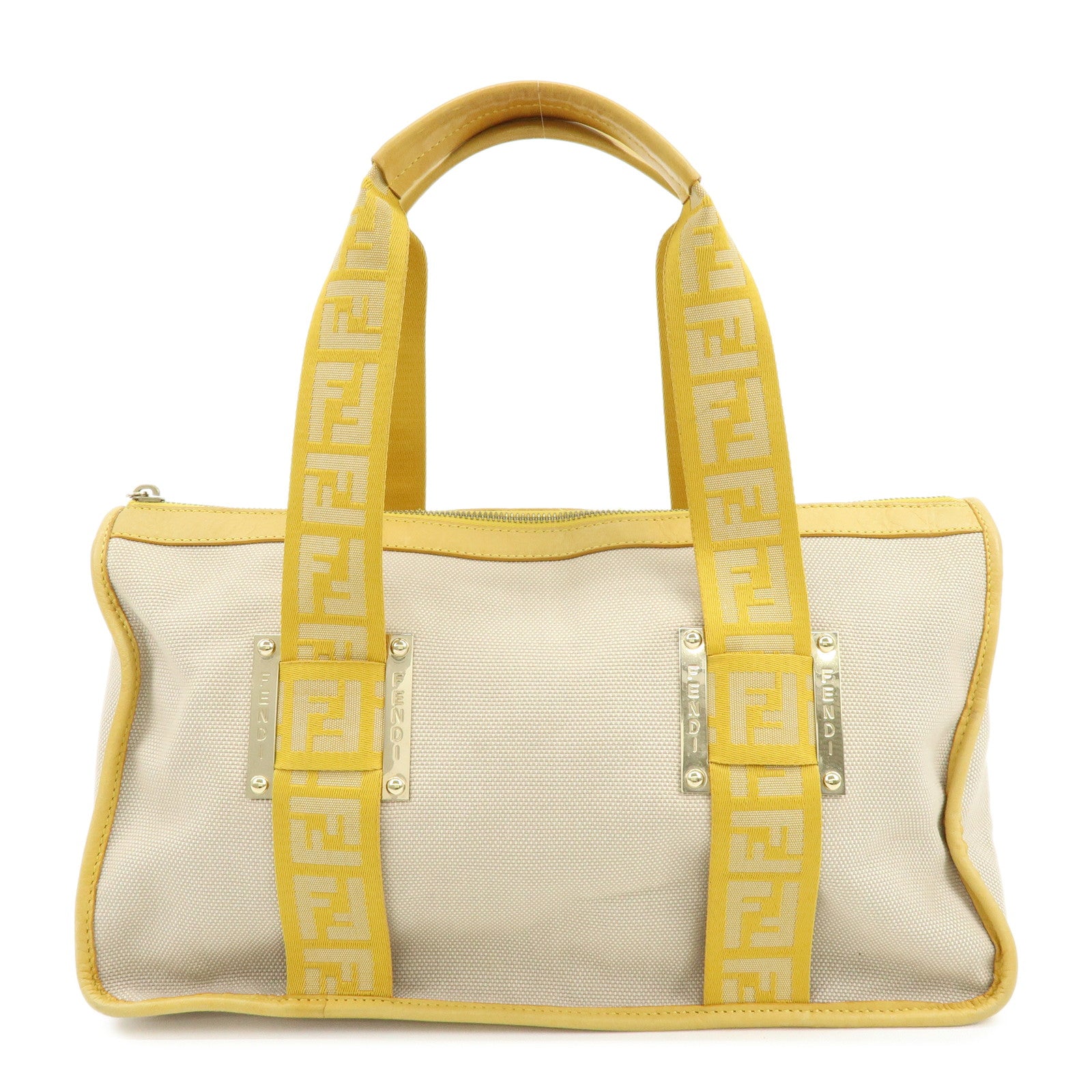 FENDI Zucca Canvas Leather Tote Bag Hand Bag Yellow Beige 8BN141MZH