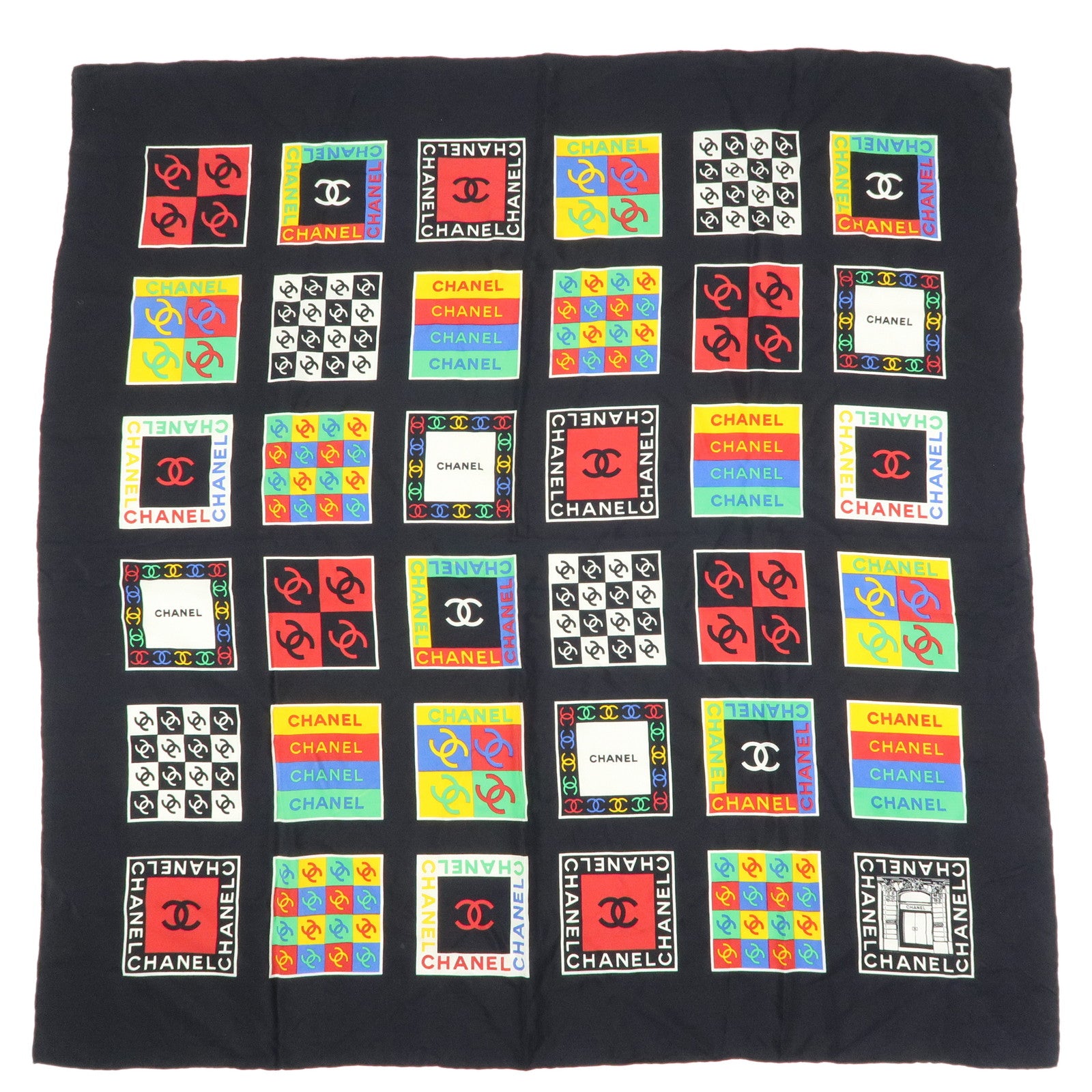CHANEL COCO Mark Silk 100% Scarf 85×85 Black Multicolor