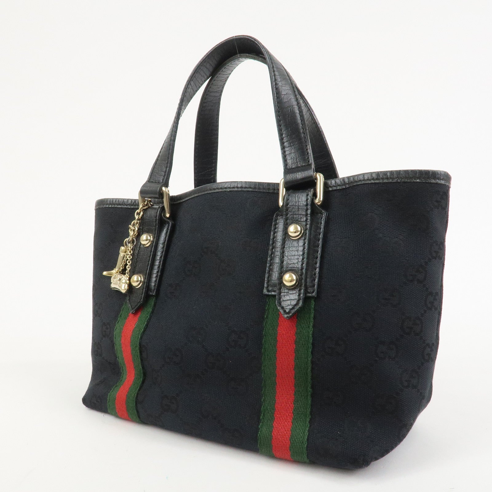 GUCCI Sherry GG Canvas Leathe Tote Bag Hand Bag Black