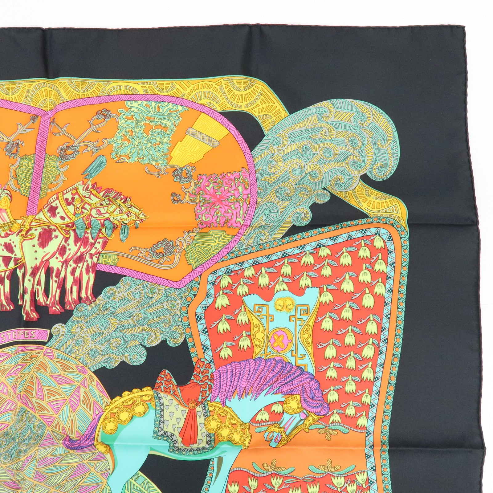 HERMES Carre 90 Silk 100% Scarf ART des STEPPES Horse Print Black
