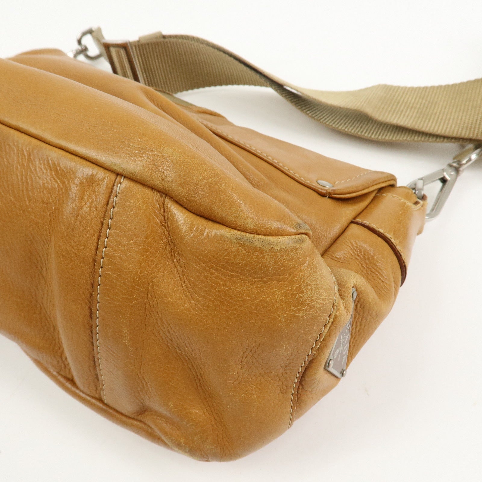 PRADA Triangle Logo Leather Front Pocket Shoulder Bag Brown BR2417