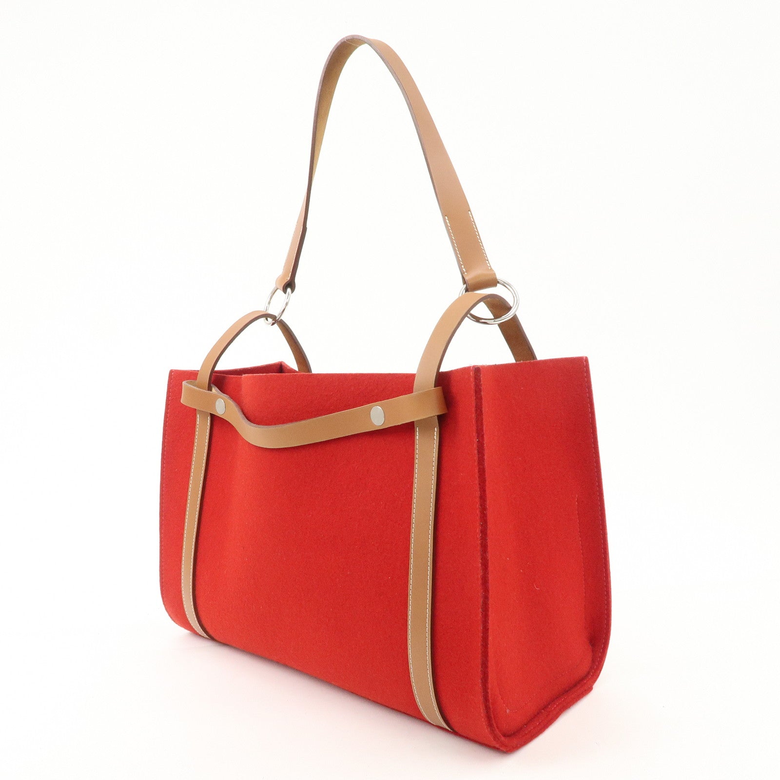 HERMES Leather Felt Cabalicol P Stamped Shoulder Bag Beige Red Used