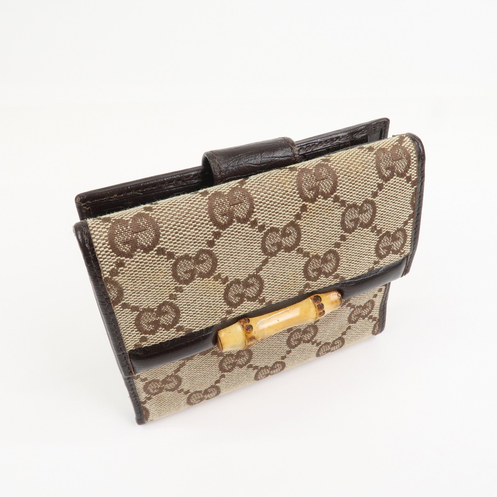 GUCCI Bamboo GG Canvas Leather W Hook Compact Wallet Beige 112521