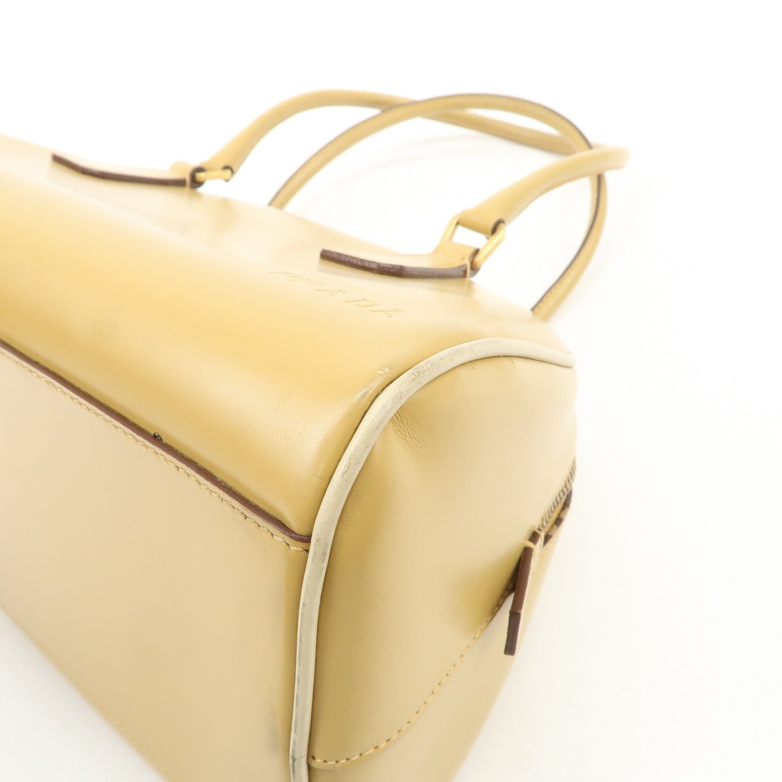PRADA Leather Bowling Bag Boston Bag Hand Bag Gold HDW Beige