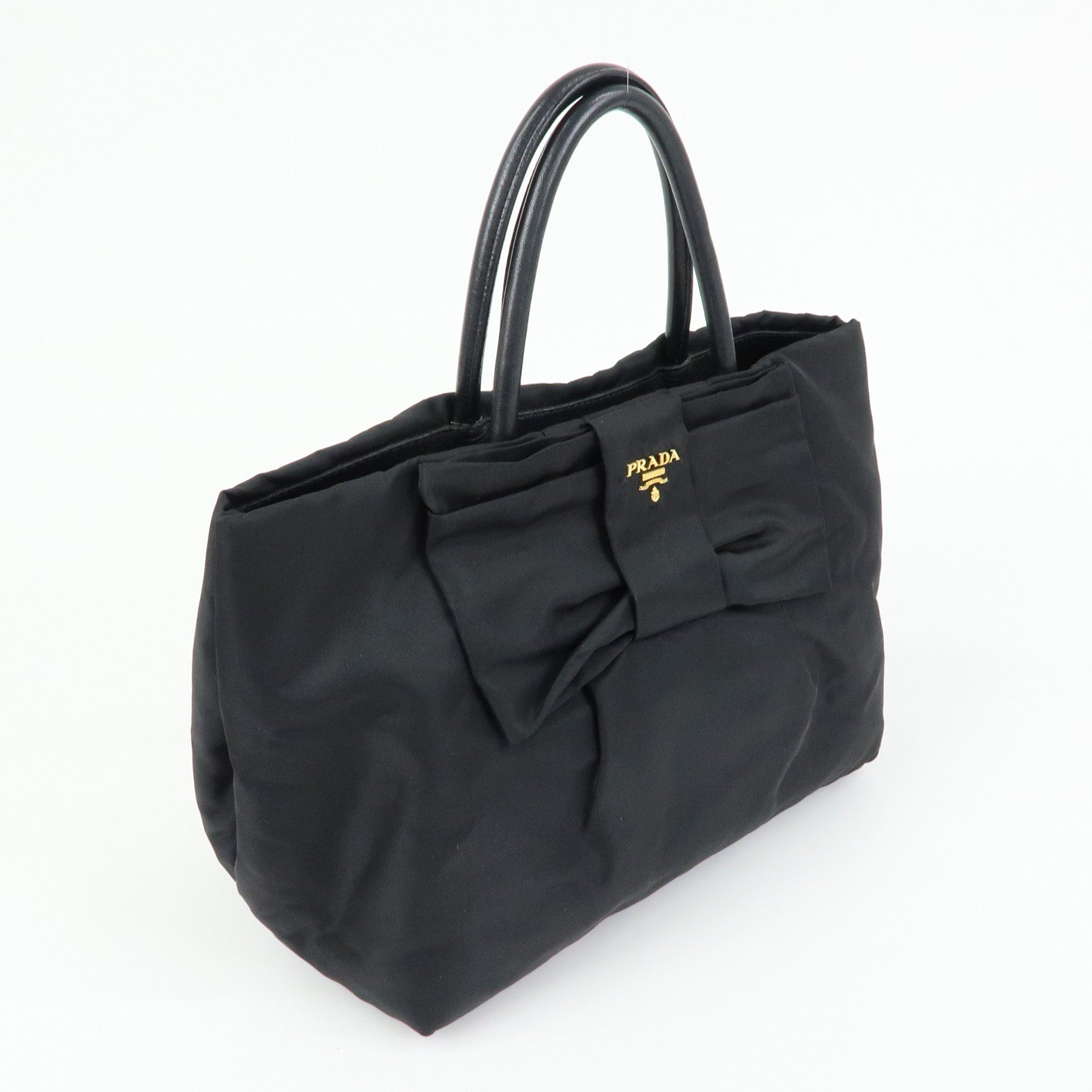 PRADA Nylon Leather Ribbon Hand Bag Tote Bag Black BN1601