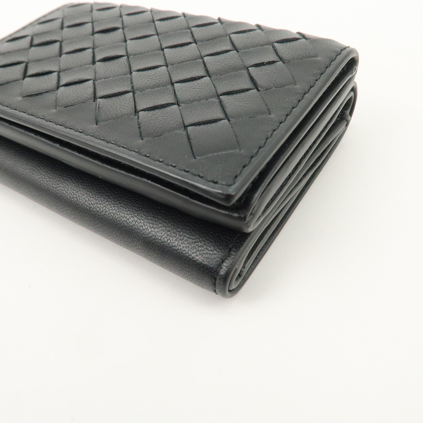 Bottega Veneta  Intrecciato Leather Tri-fold Compact Wallet Black