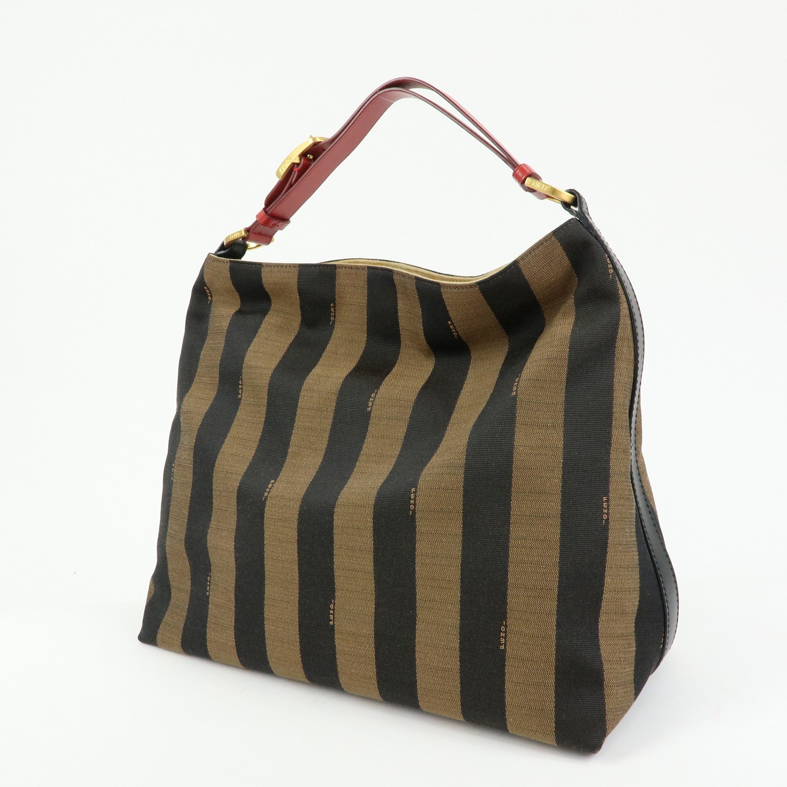 FENDI Pequin Canvas Leather Shoulder Bag Brown Red 8BR653