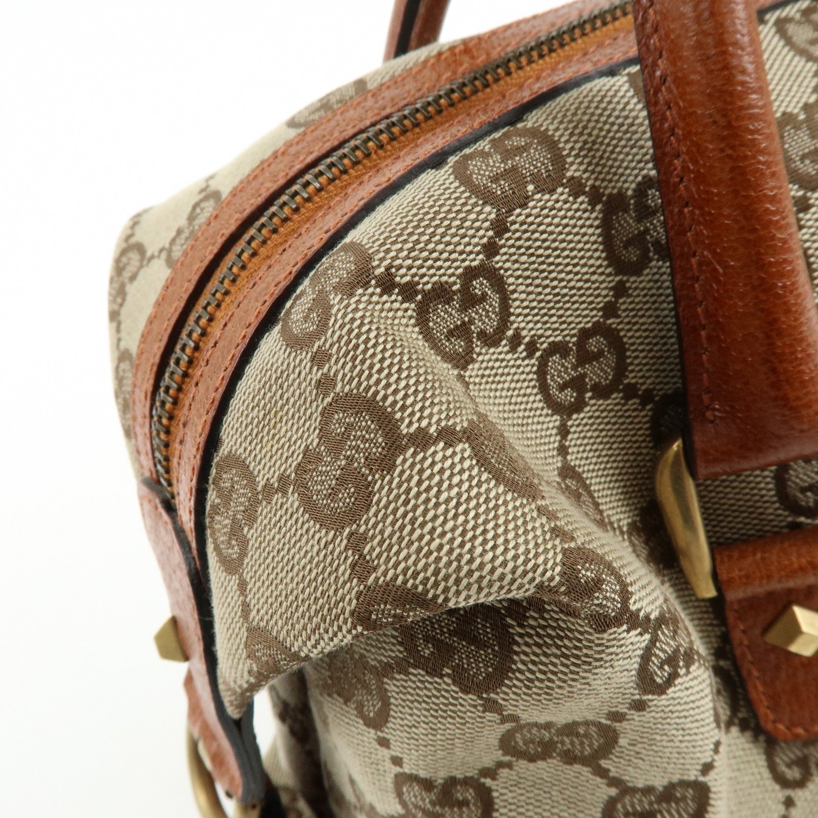 GUCCI GG Canvas Leather Hand Bag Boston Bag Beige Brown 120886