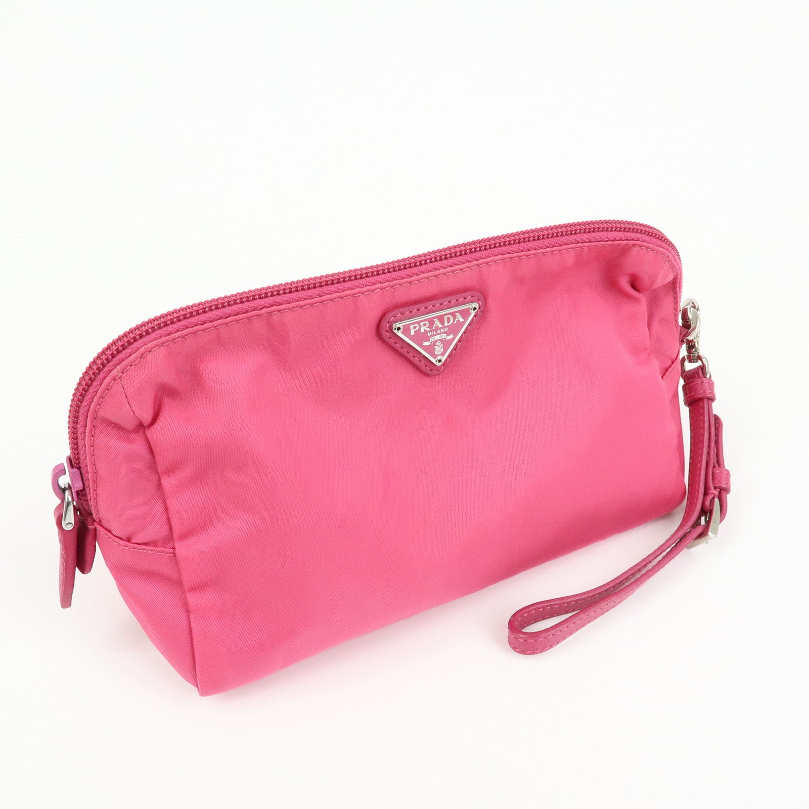 PRADA Triangle Logo Nylon Leather Cosmetic Wristlet Pouch Pink