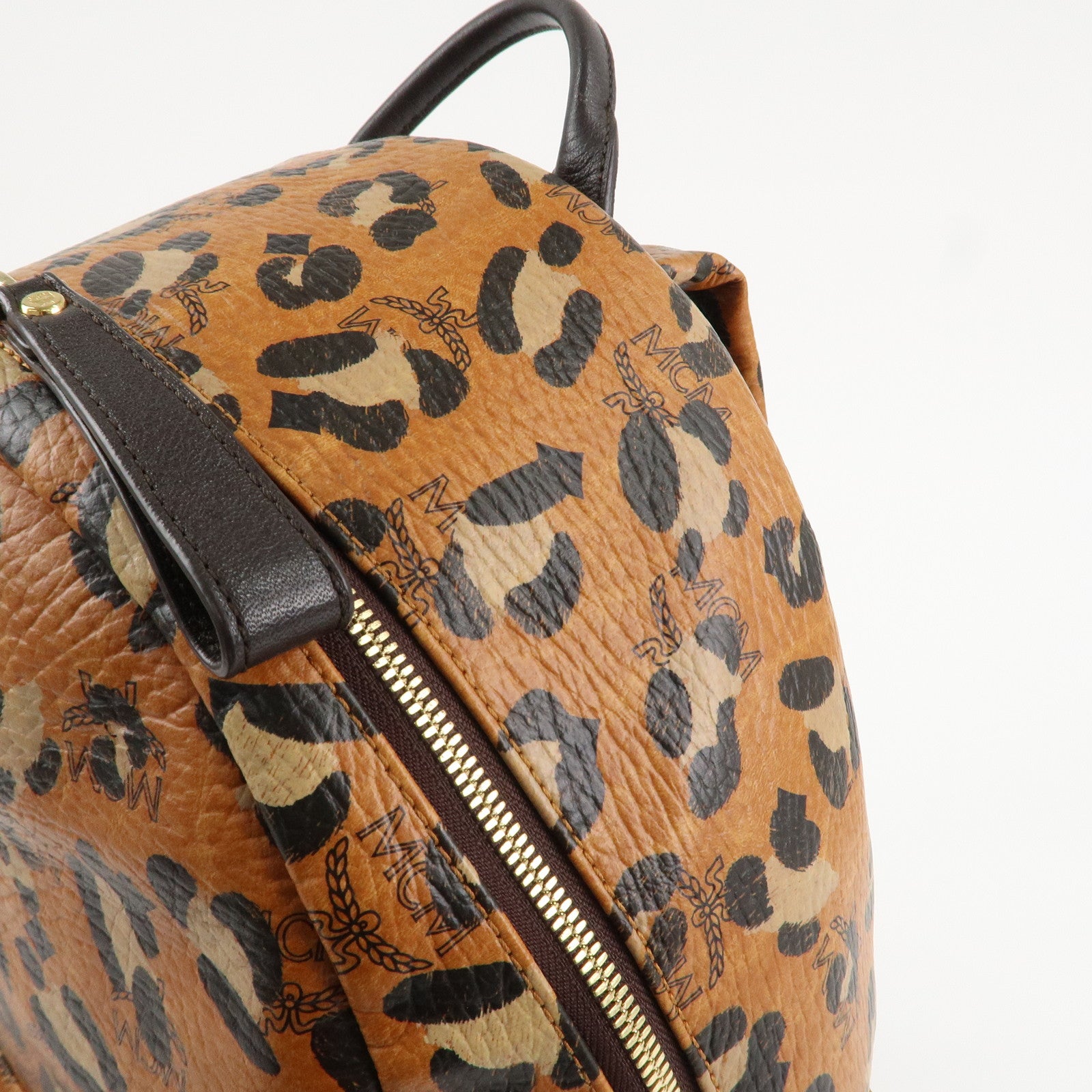 MCM Visetos Leather Leopard Back Pack Black Beige Brown Gold HDW Used