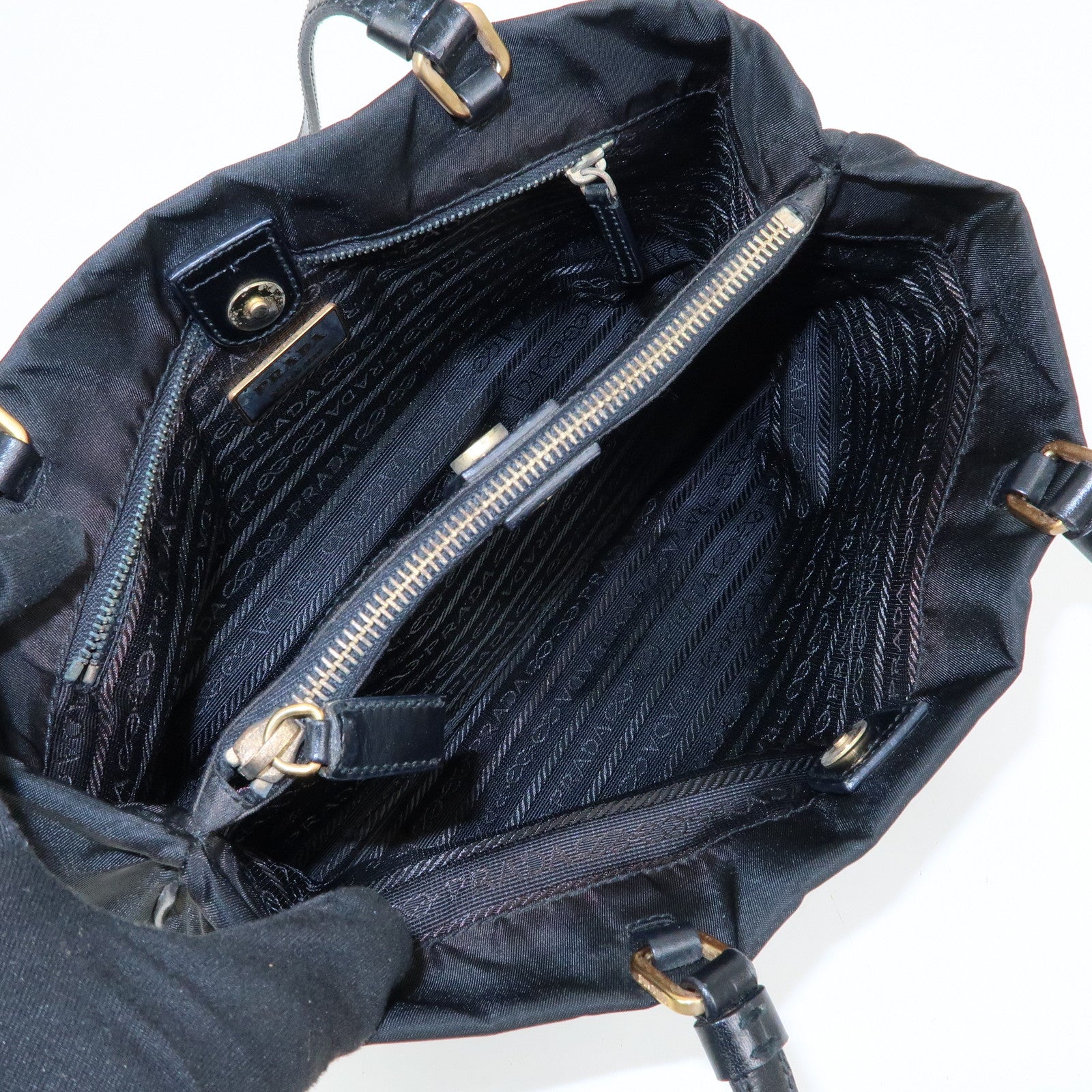 PRADA Triangle Logo Nylon Leather Tote Bag Hand Shoulder Bag Black