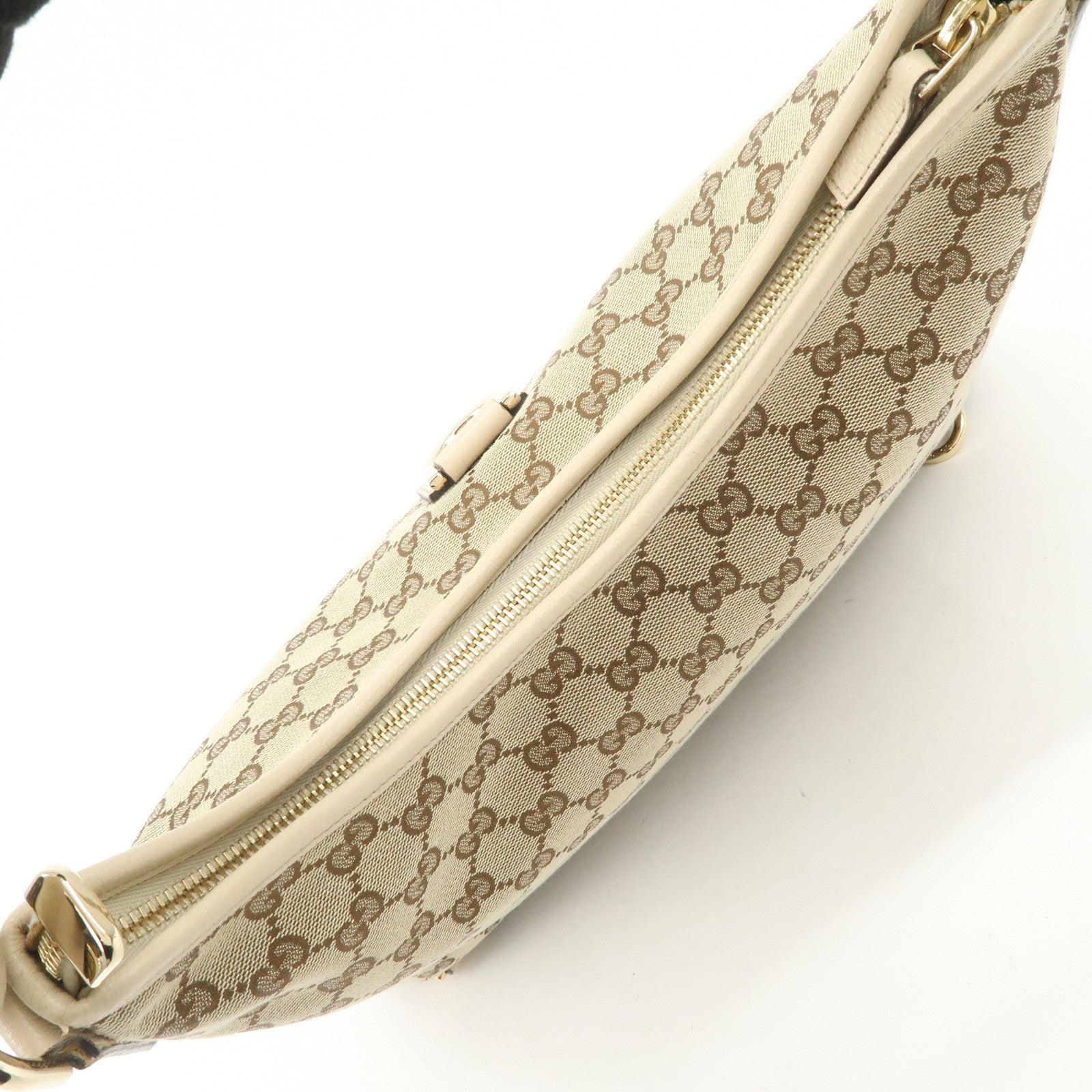 GUCCI Abbey Leather GG Canvas Shoulder Bag Beige Ivory 130737