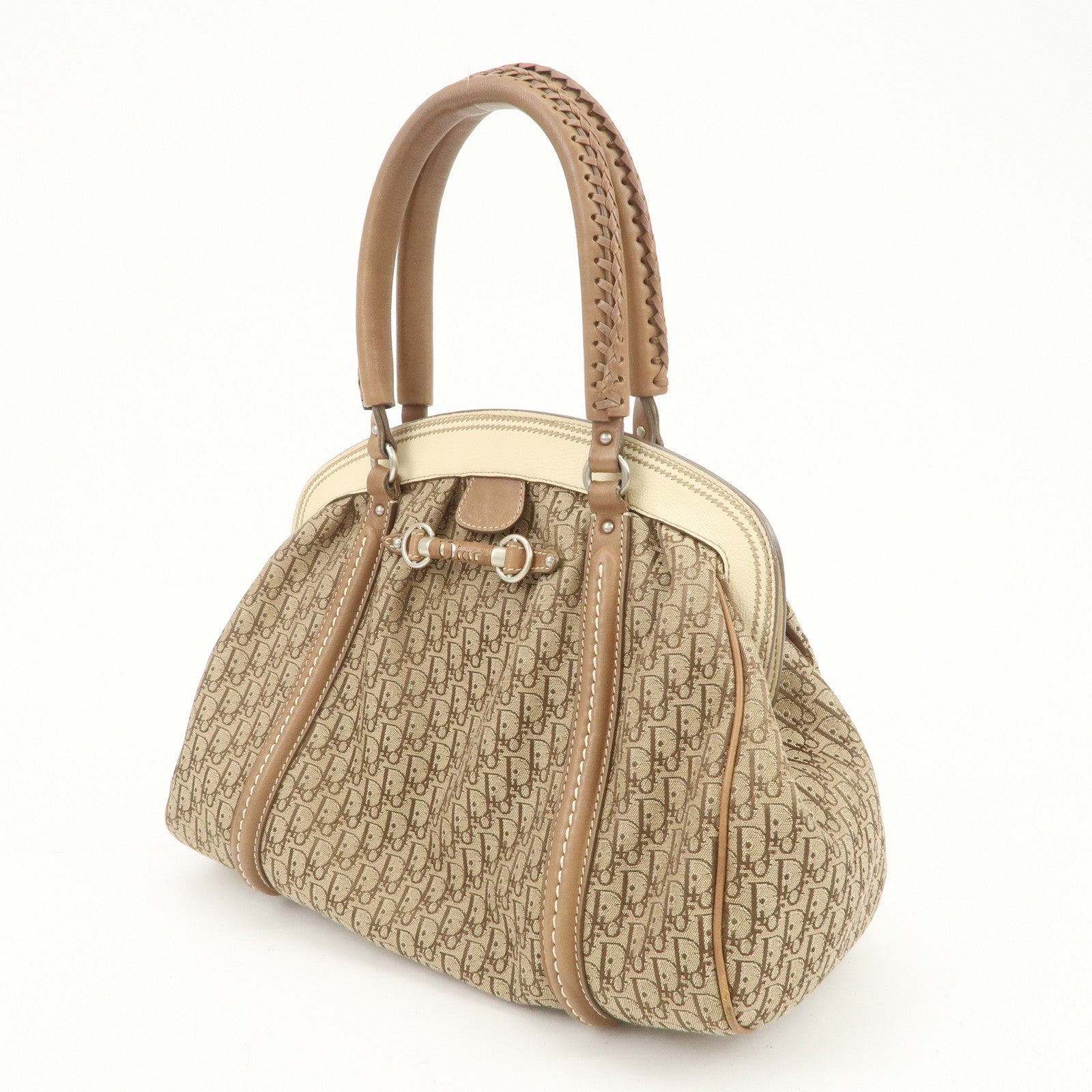 Christian Dior Trotter Canvas Leather Hand Bag Beige Ivory