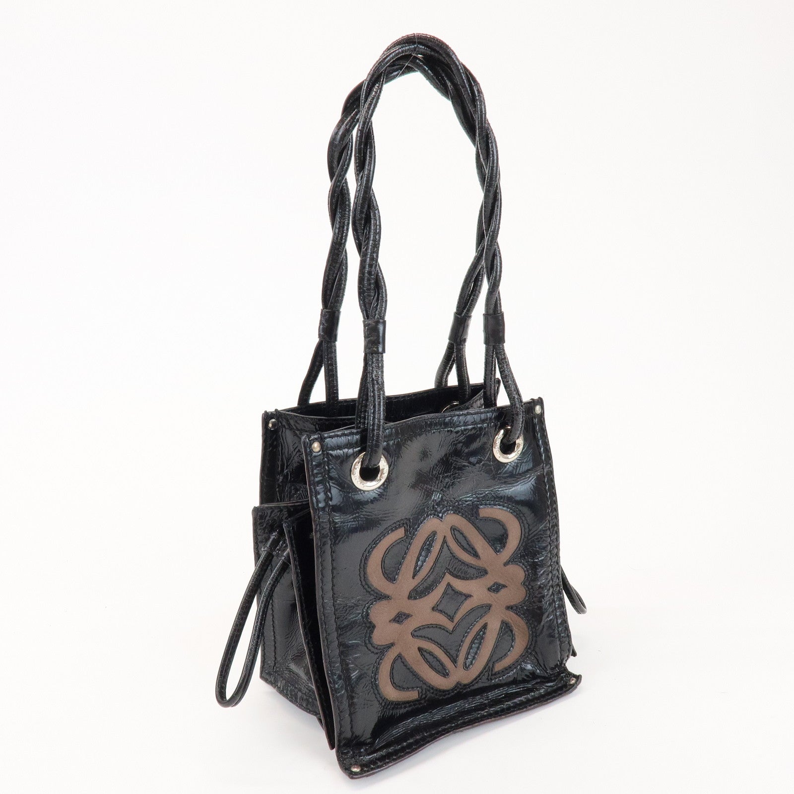 LOEWE Anagram Patent Leather Hand Bag Shoulder Bag Black Brown